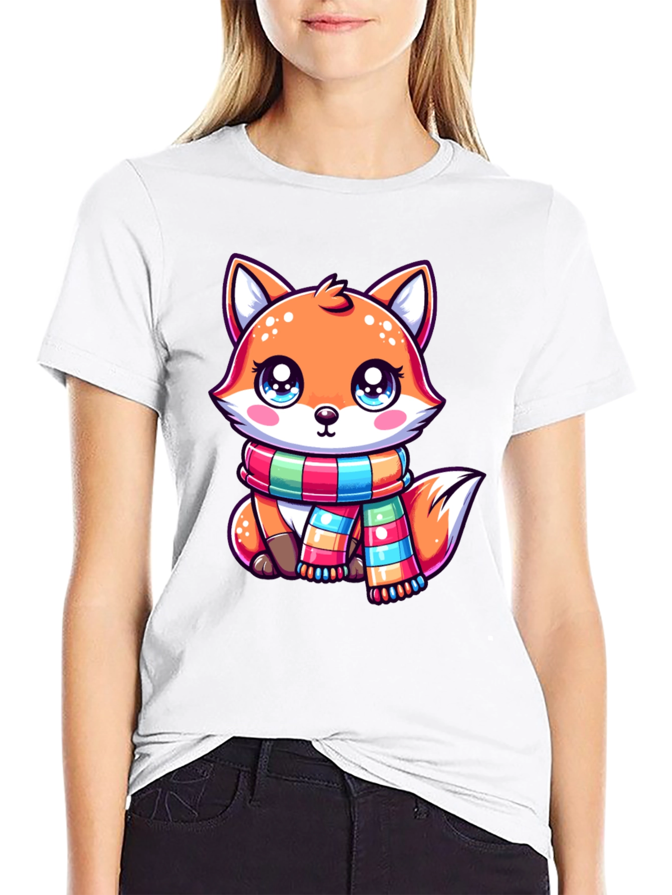 Black Cute Fox Scarf Graphic Tee view 9