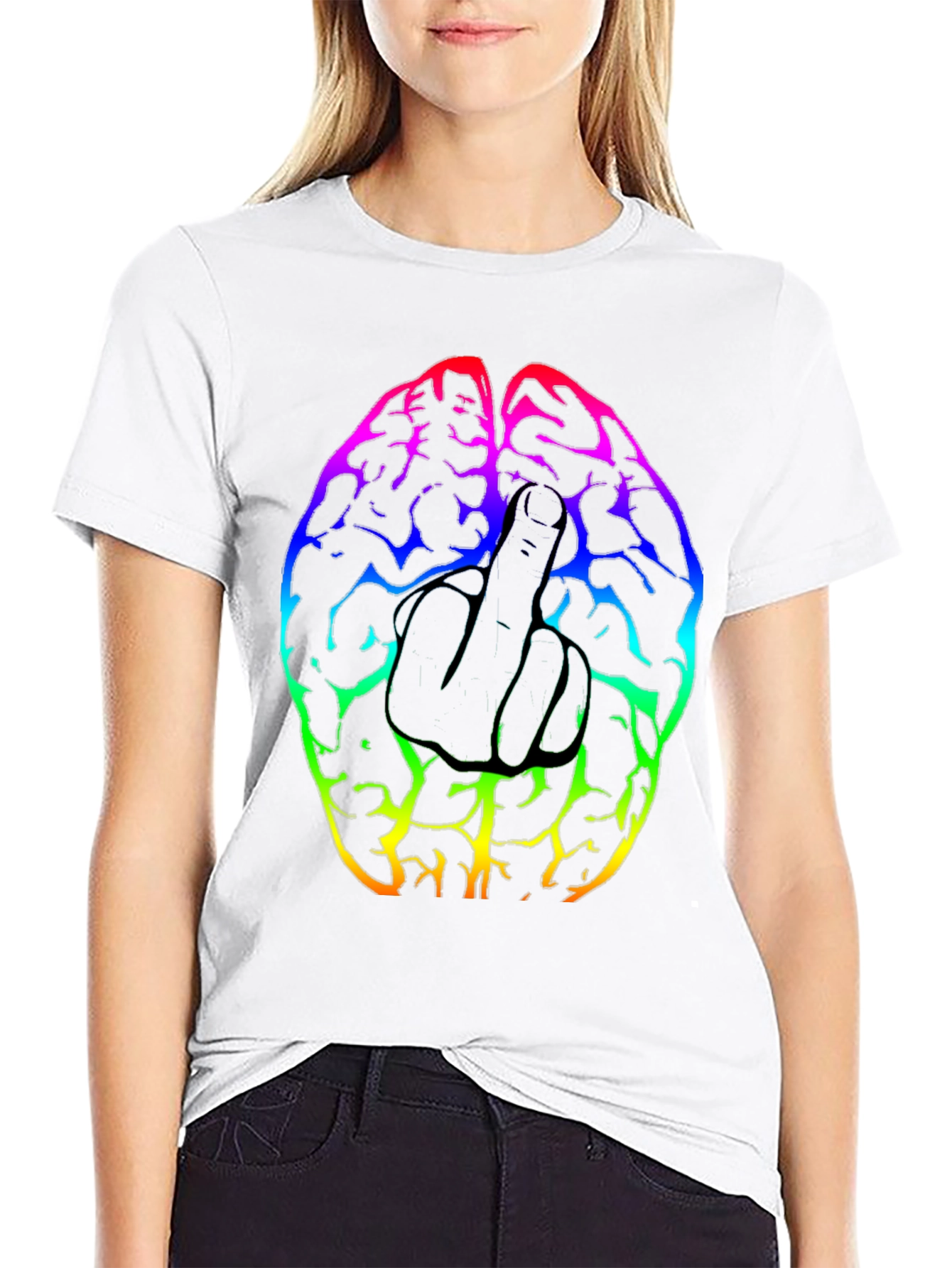 Black Rainbow Brain Middle Finger Graphic T-Shirt view 9