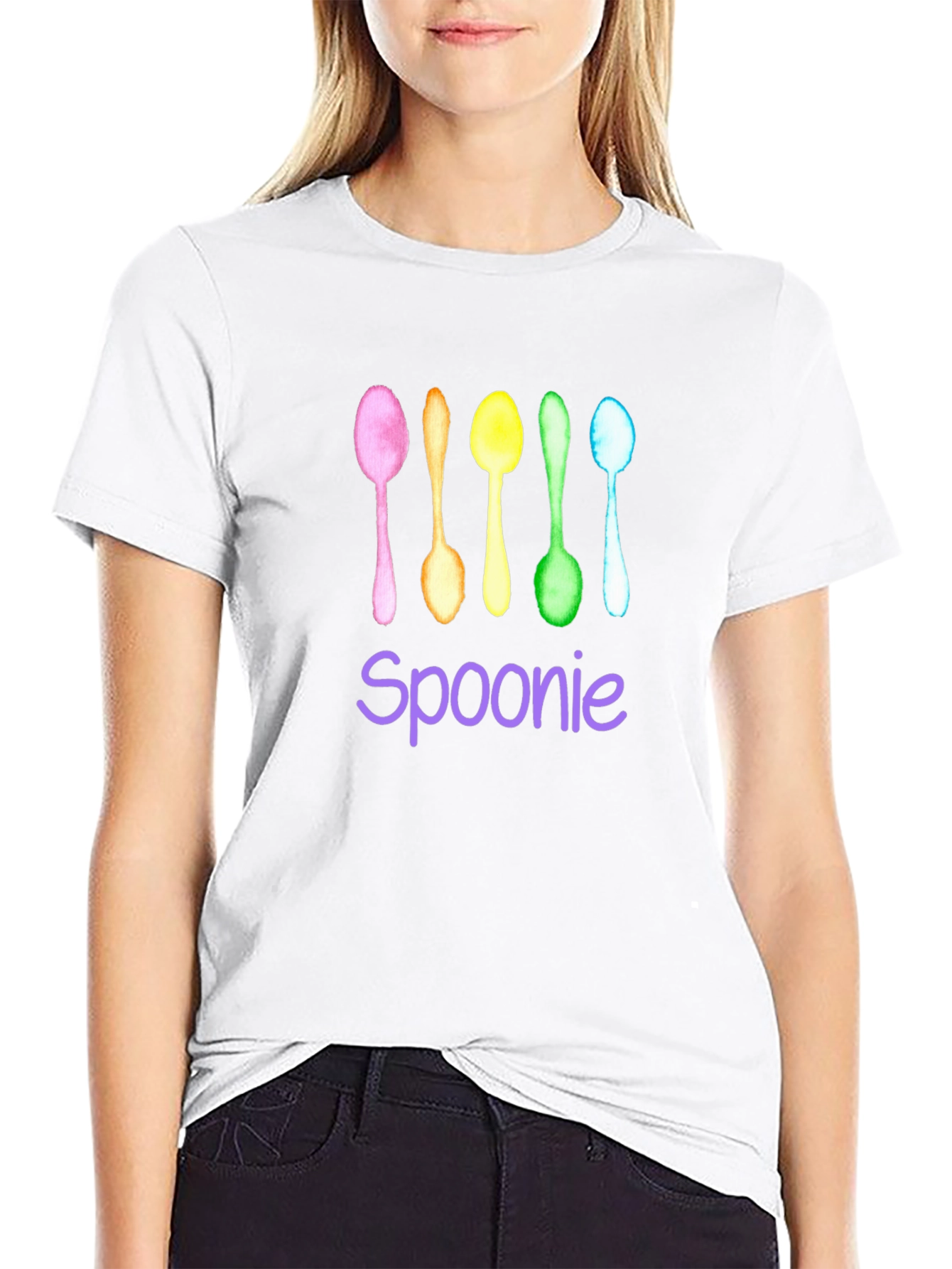 Black Spoonie T-Shirt - Colorful Watercolor Spoons view 9