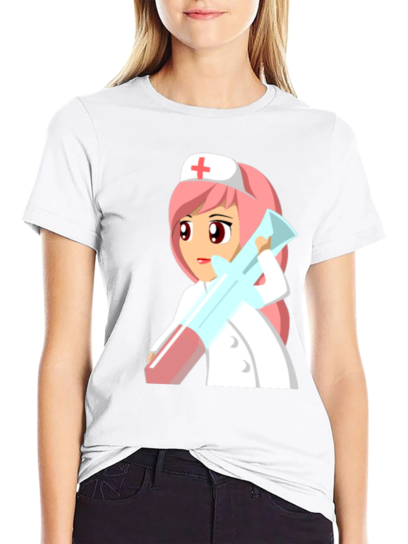 Black Cartoon Nurse Graphic Tee - Unisex Black T-Shirt view 9