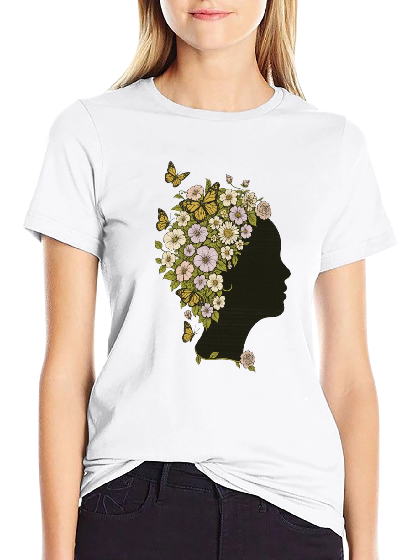 Black Floral Woman Graphic Tee - Black Cotton T-Shirt view 9