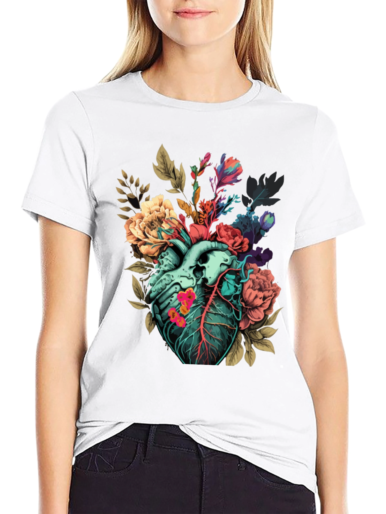 Black Floral Heart Print T-Shirt - Unique Anatomical Art view 9