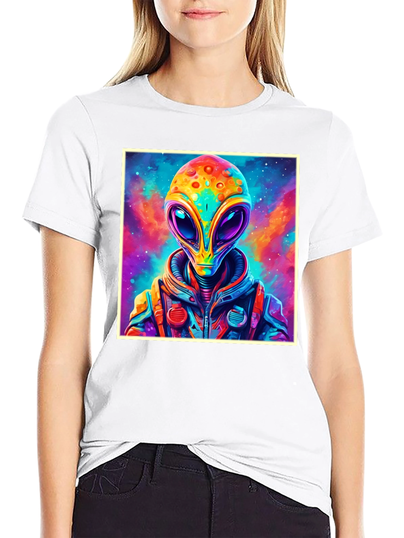 Black Colorful Alien Graphic Tee - Black Cotton T-Shirt view 9