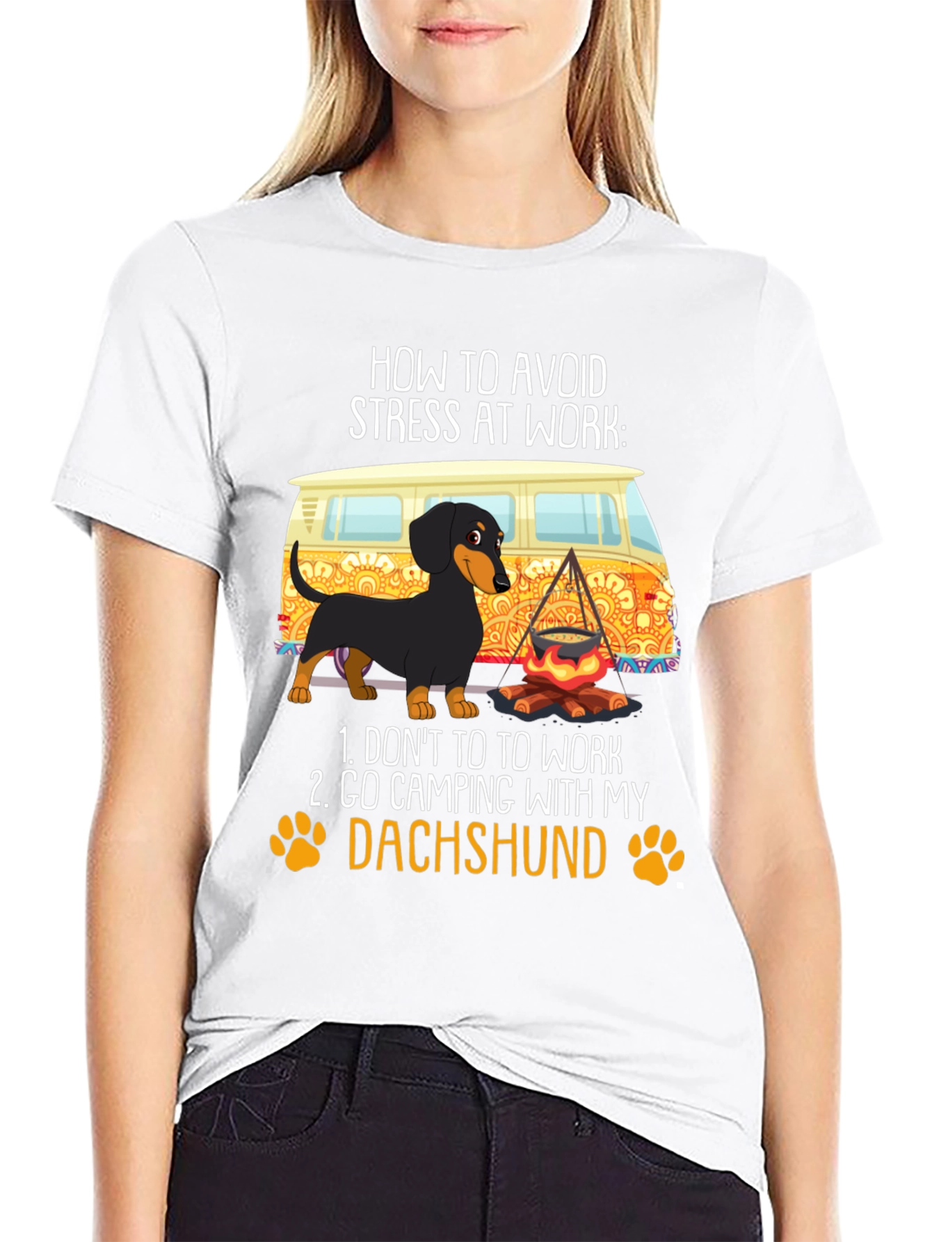 Black Avoid Stress Dachshund Camping T-Shirt view 9