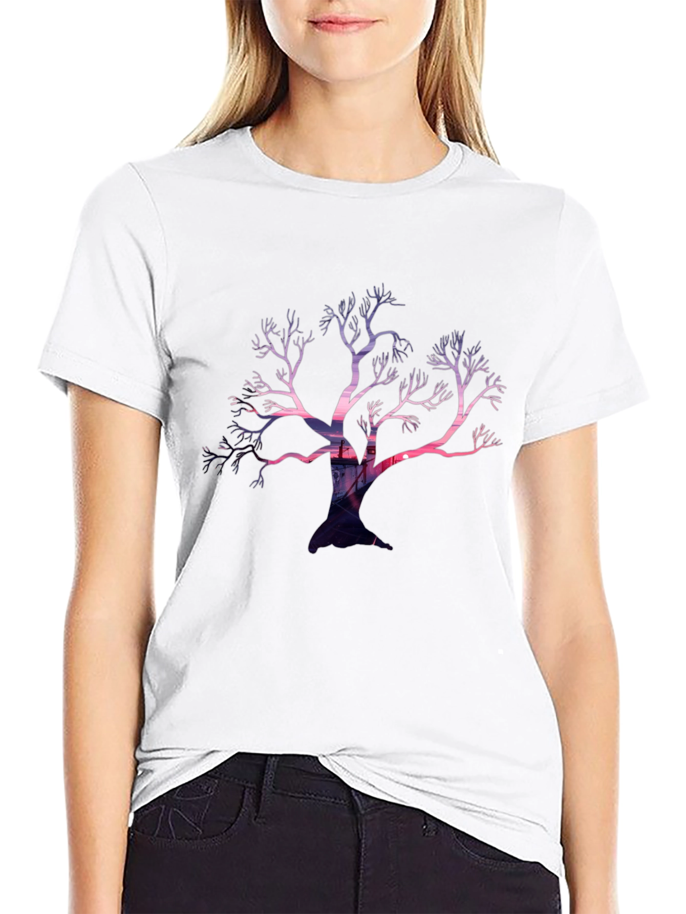 Black Abstract Tree Graphic Black T-Shirt view 9