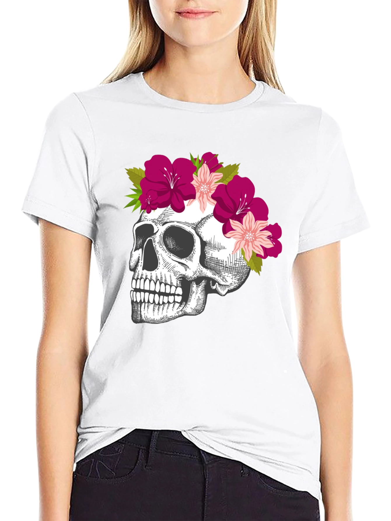Black Floral Skull Graphic Tee - Unique & Stylish view 9