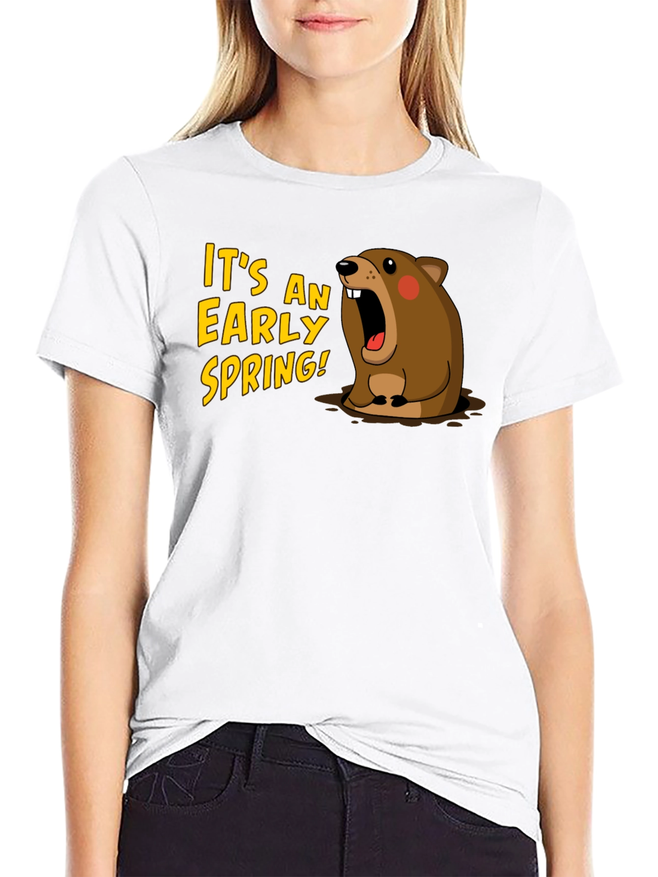 Black Early Spring Cartoon Groundhog Black T-Shirt view 9
