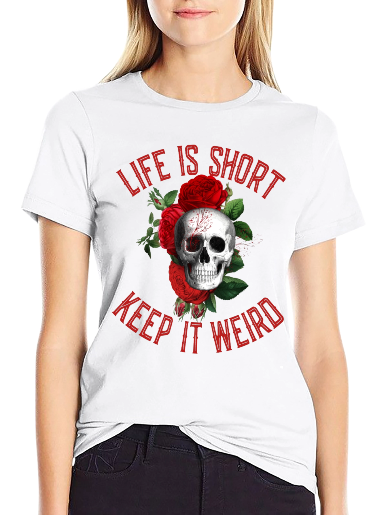 Black Life is Short, Keep it Weird Skull & Roses Graphic Tee view 9