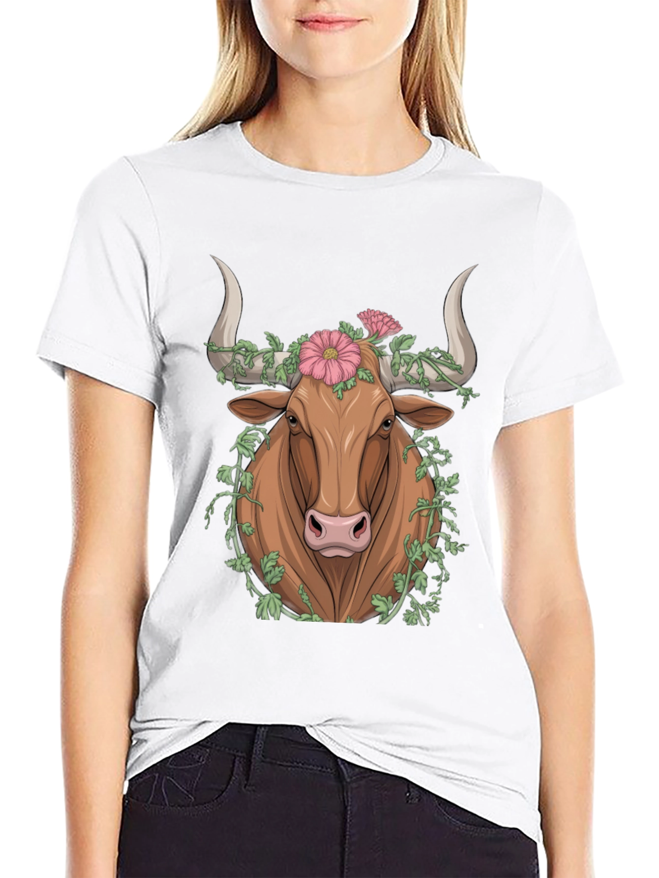 Black Floral Bull Graphic Tee - Unique Animal Print view 9