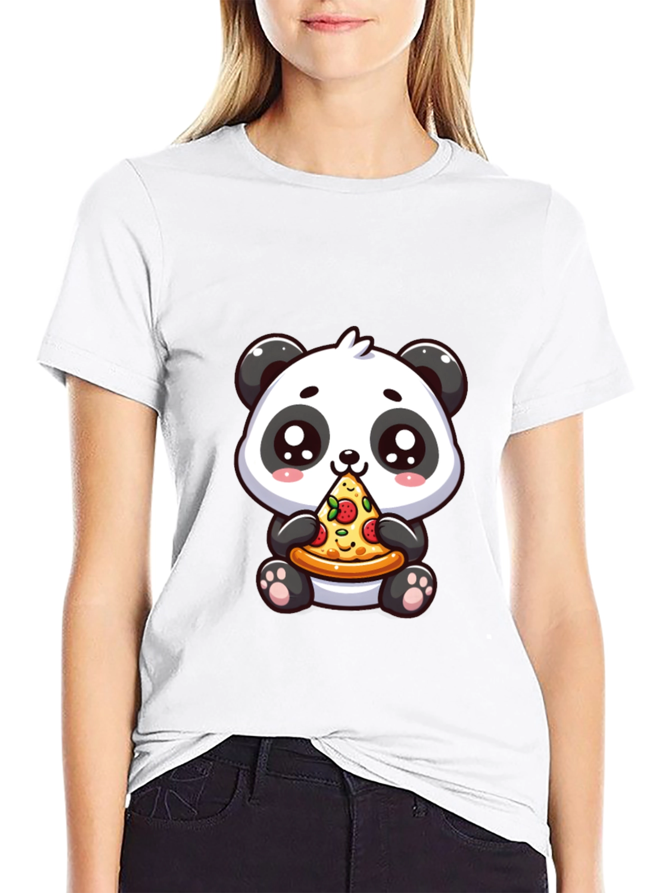 Black Cute Panda Pizza Graphic Black T-Shirt view 9
