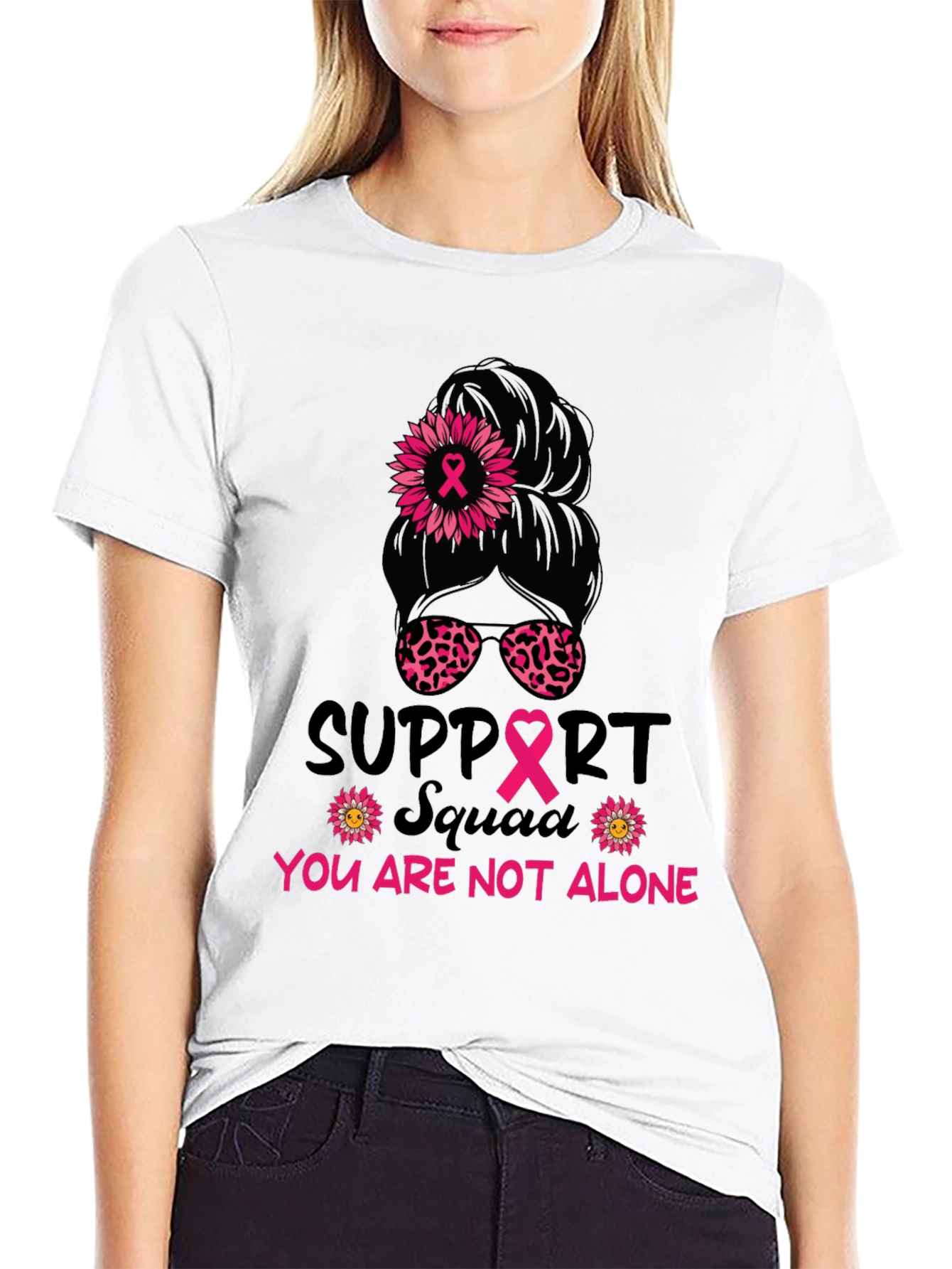 Black Breast Cancer Awareness Messy Bun Support Squad Tee view 9