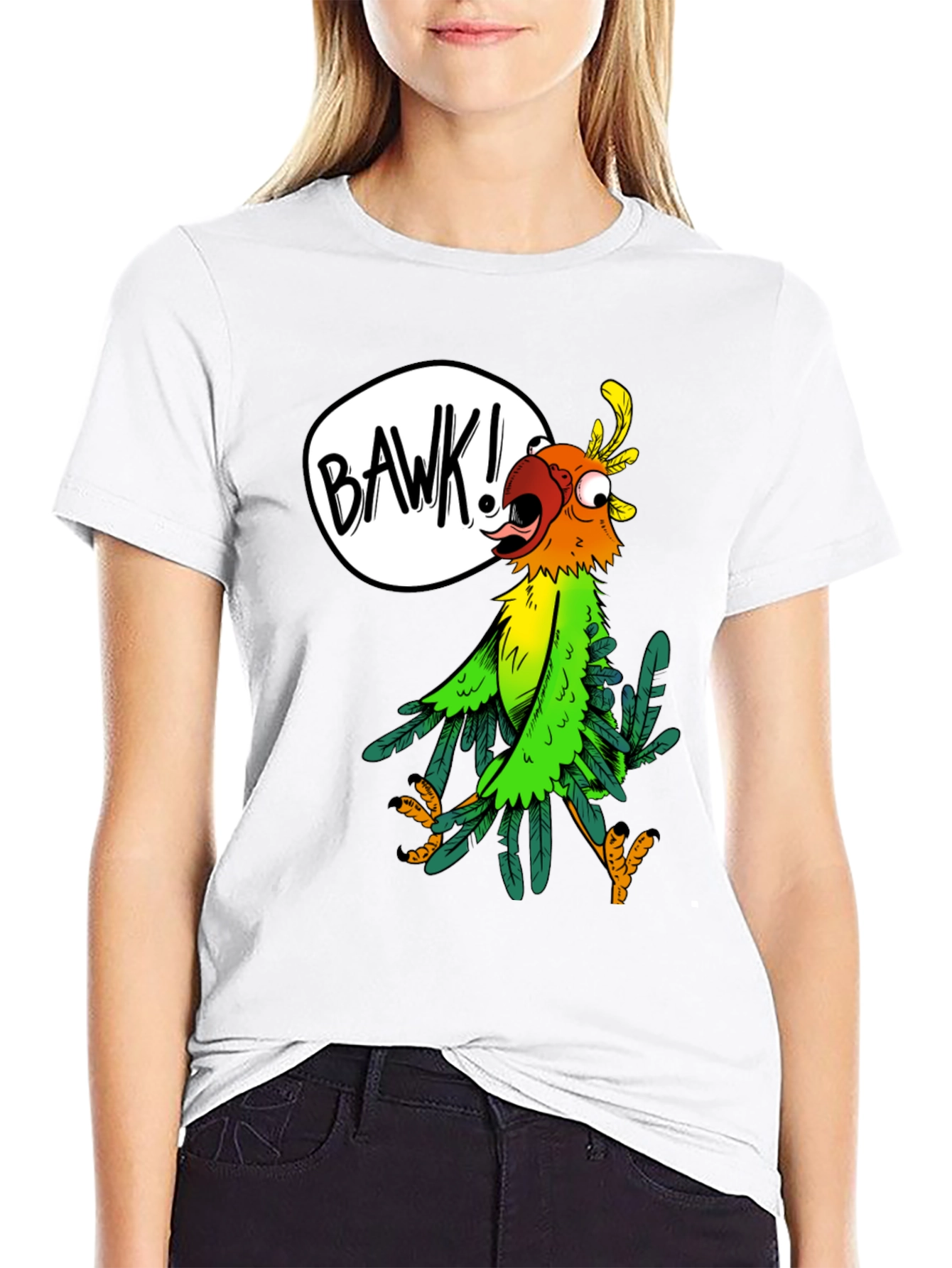 Black Cartoon Parrot Graphic Tee - 'BAWK!' Design view 9