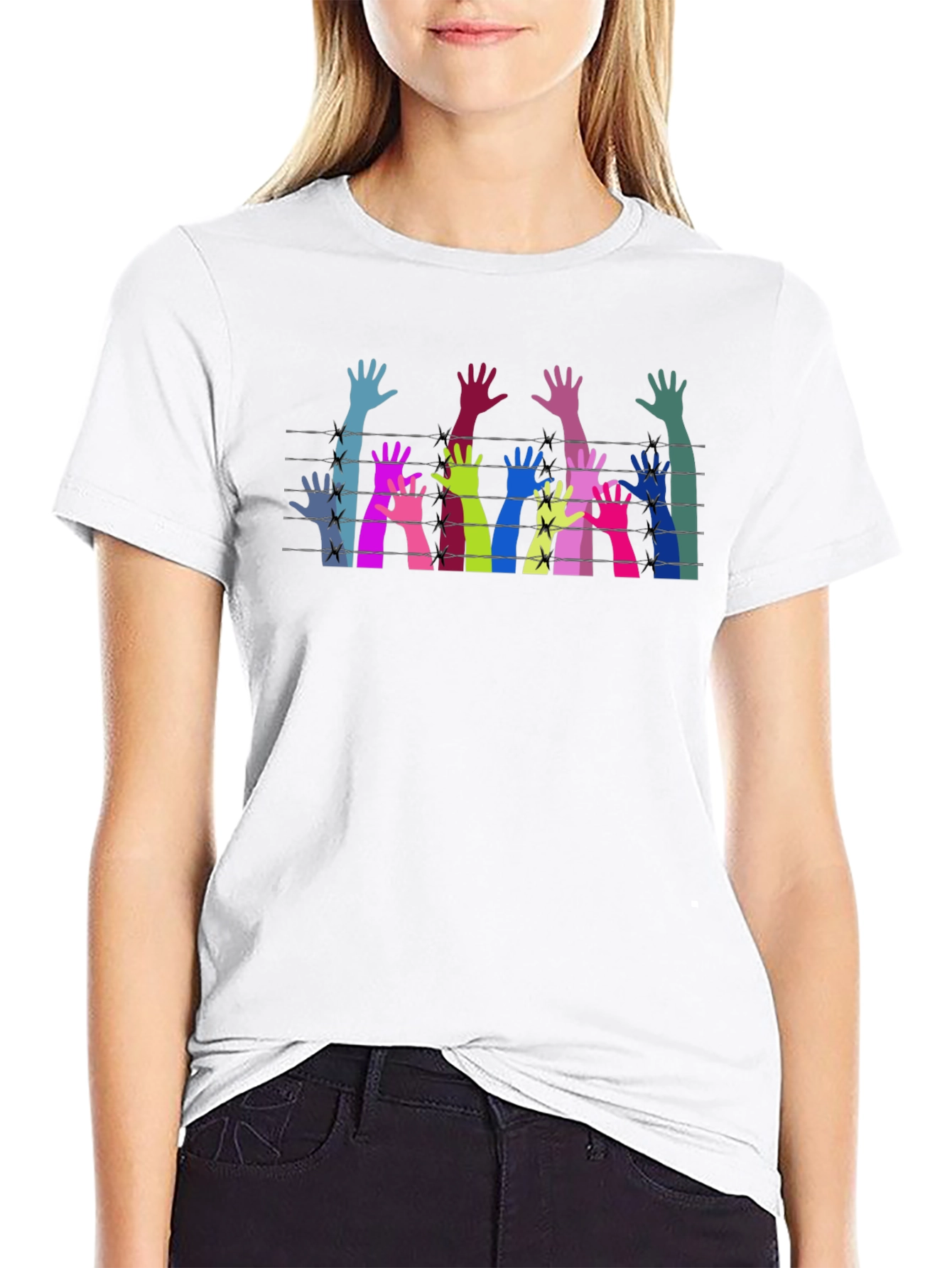 Black Colorful Hands Behind Barbed Wire Graphic Tee view 9