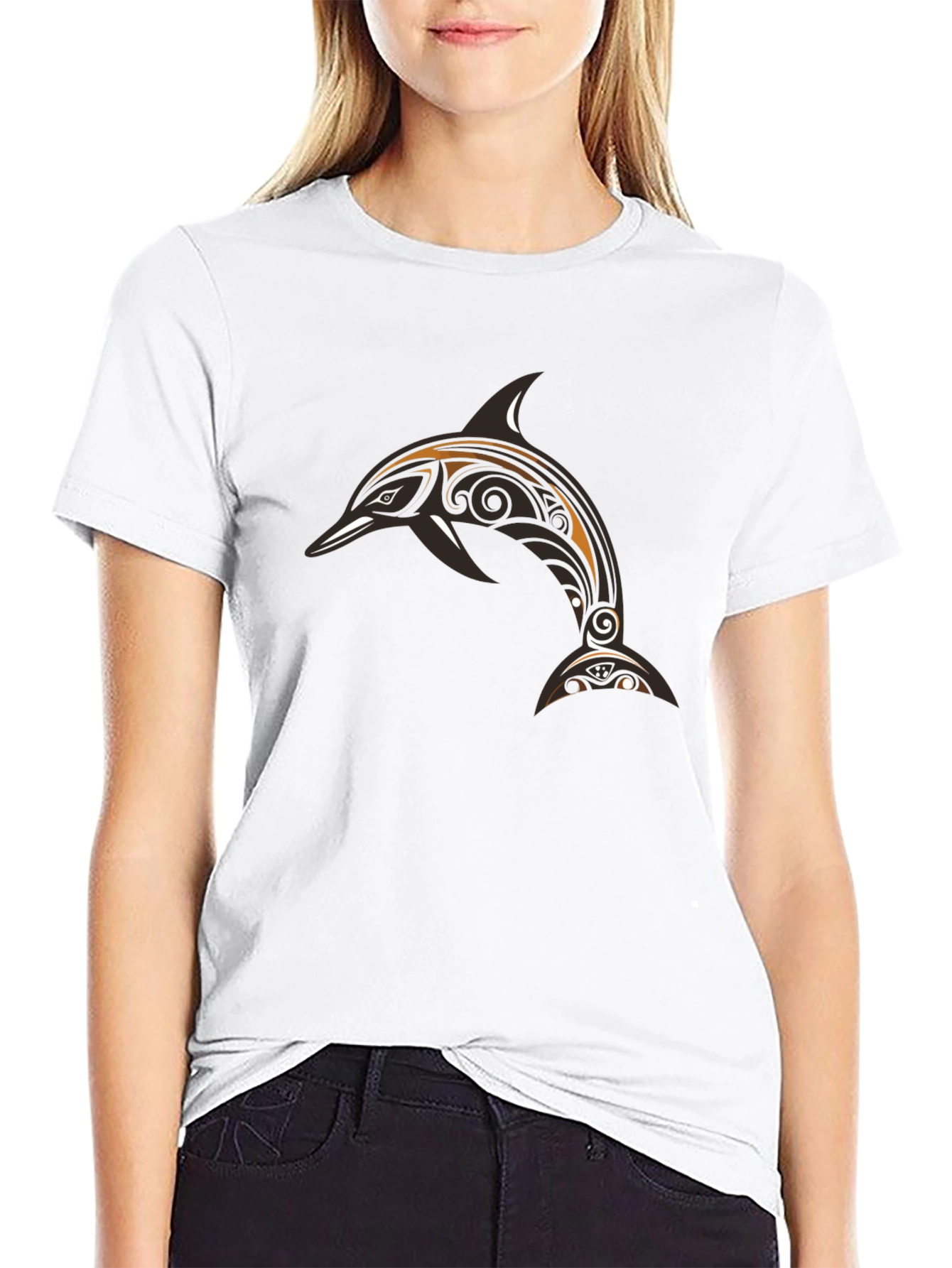 Black Men's Black T-Shirt with Tribal Dolphin Design view 9