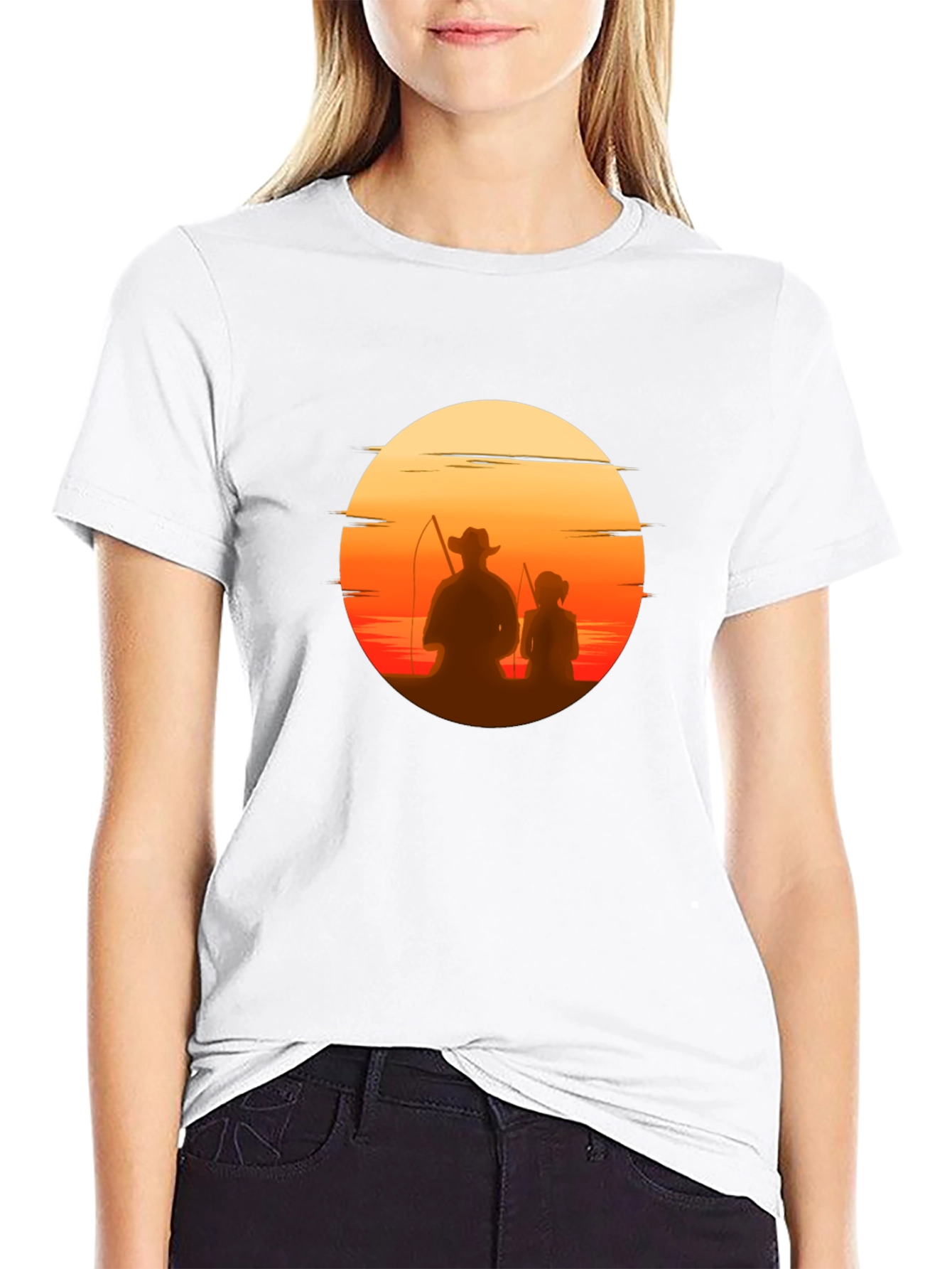 Black Sunset Fishing T-Shirt: Dad & Daughter Silhouette Tee view 9