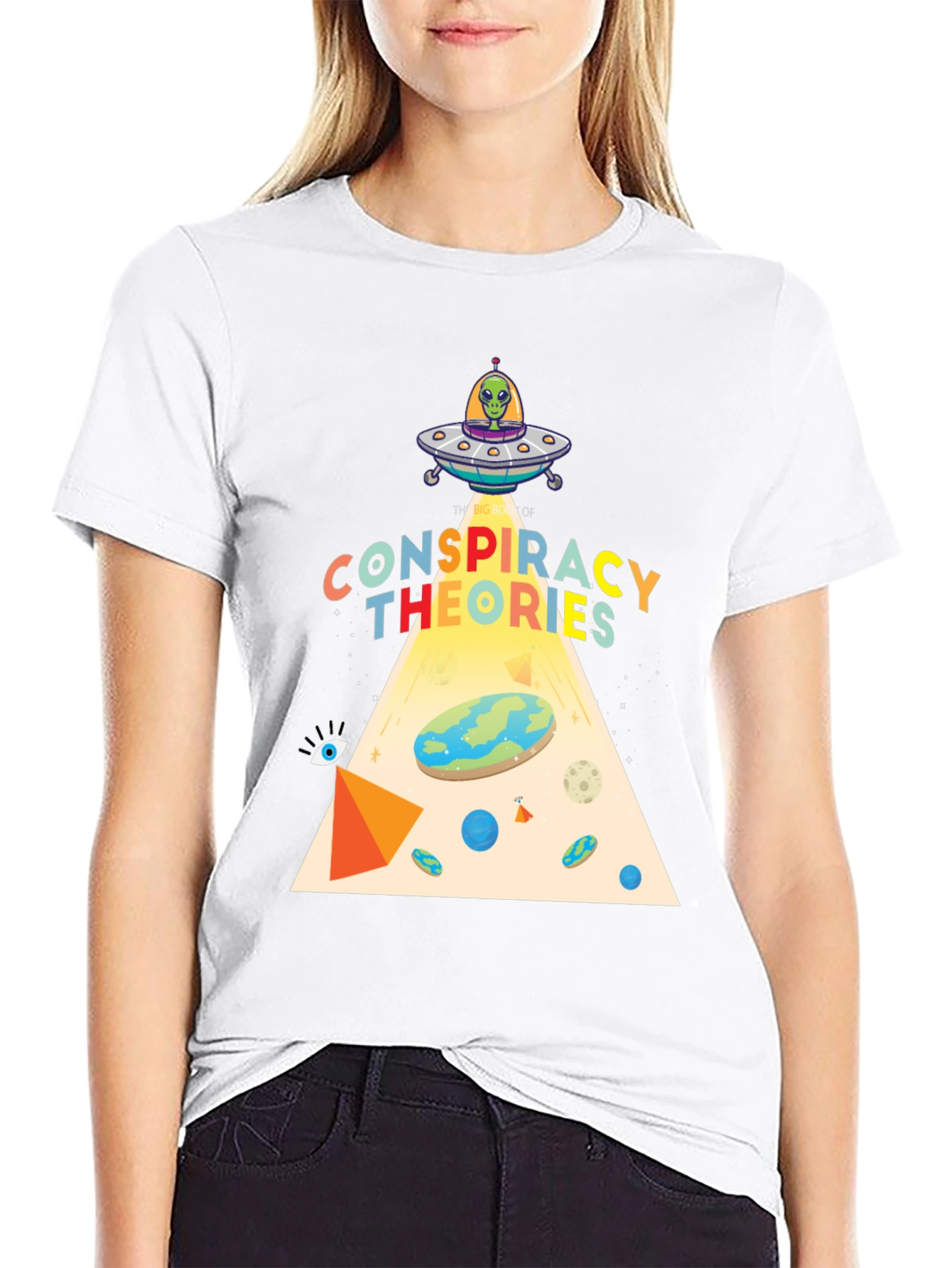 Black Conspiracy Theories Graphic T-Shirt, Alien UFO, Flat Earth view 9