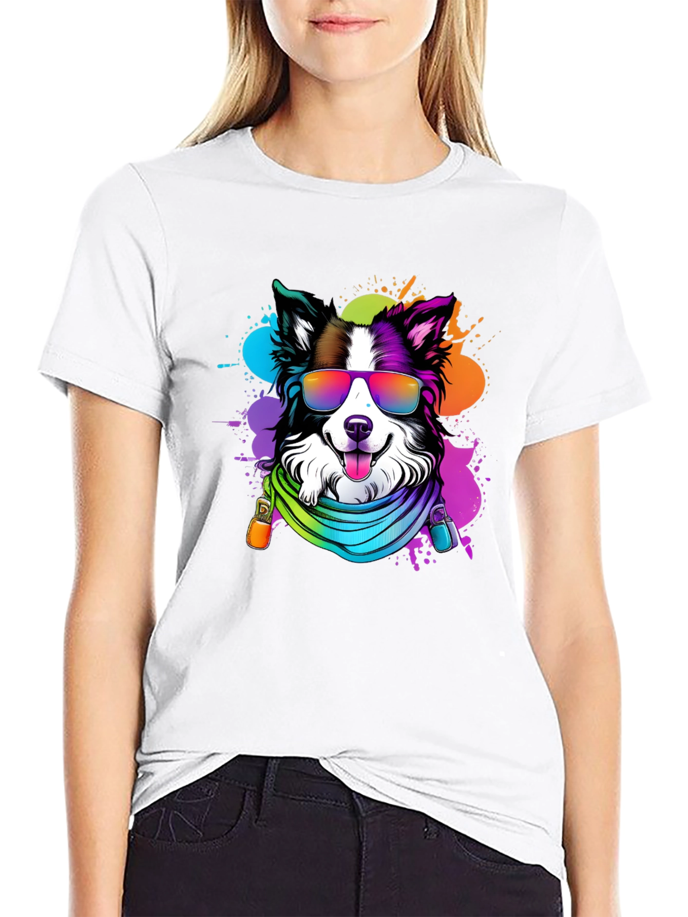 Black Cool Dog Graphic Tee - Colorful Border Collie T-Shirt view 9