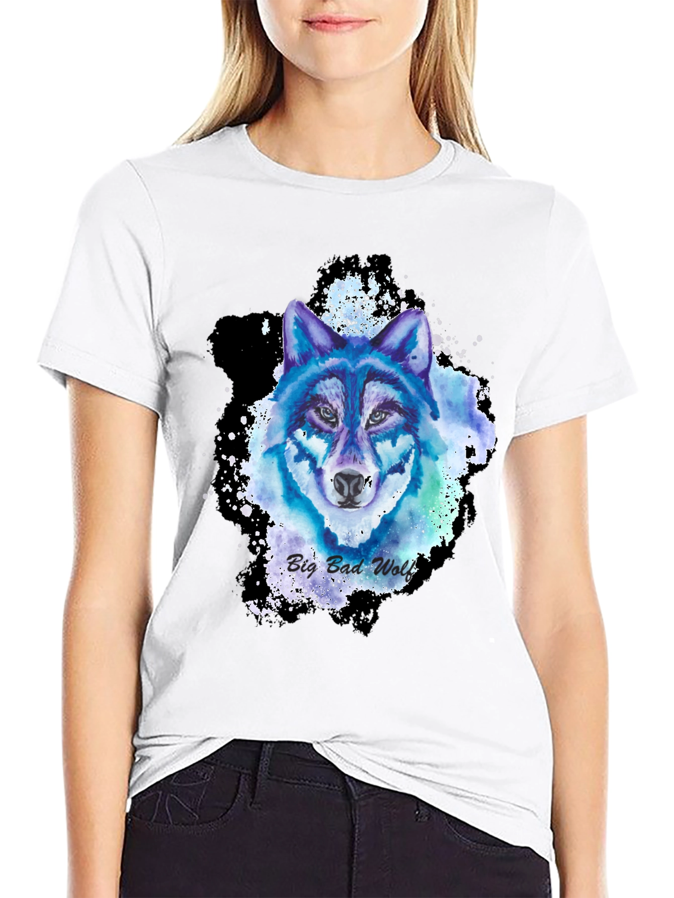 Black Watercolor Wolf Graphic Tee - Cool Animal Design view 9