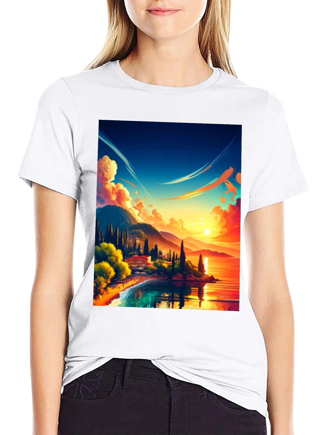 Black Vibrant Sunset Landscape Graphic Tee view 9