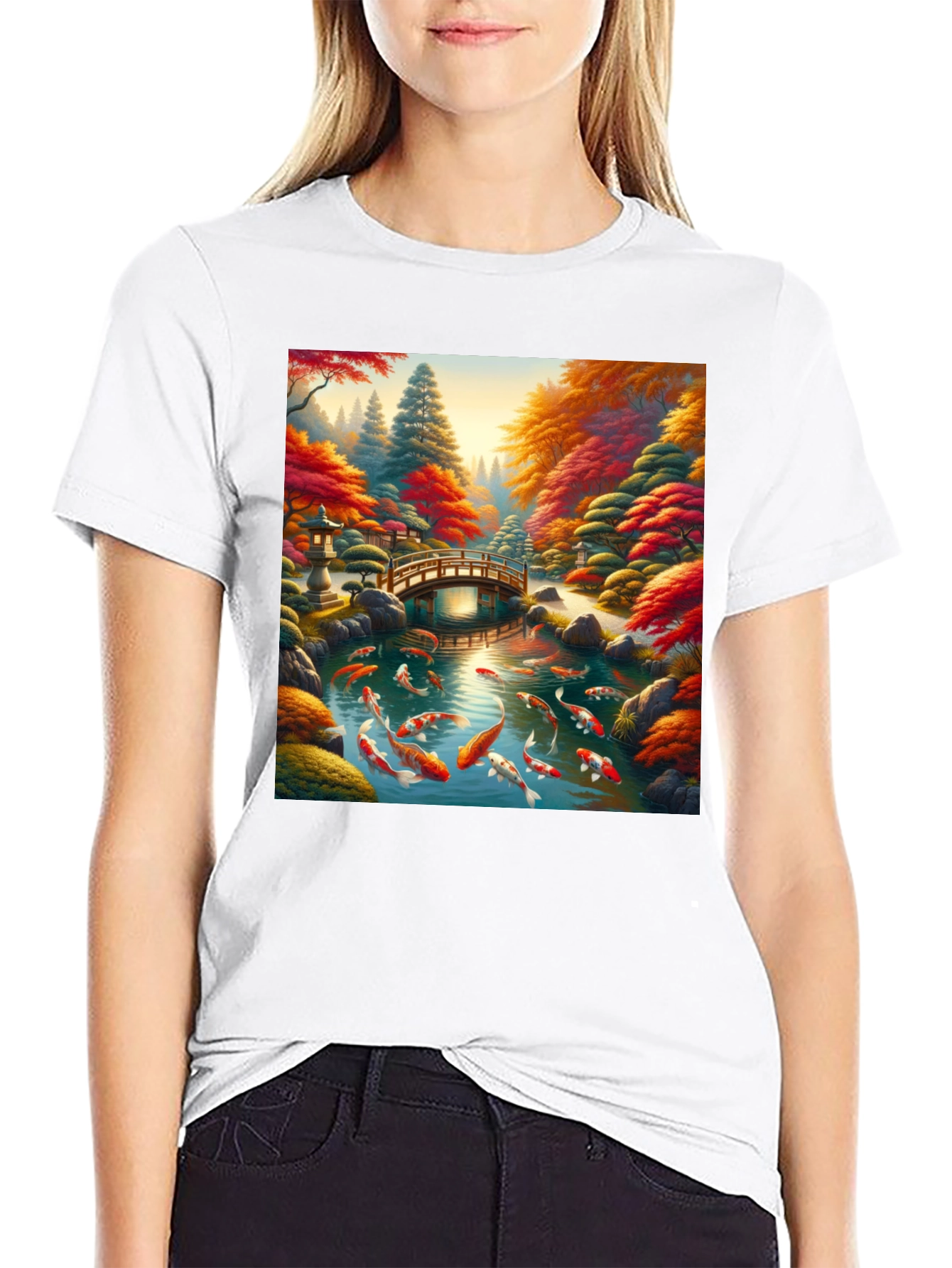 Black Koi Pond Graphic Tee - Artistic Japanese Garden Design view 9