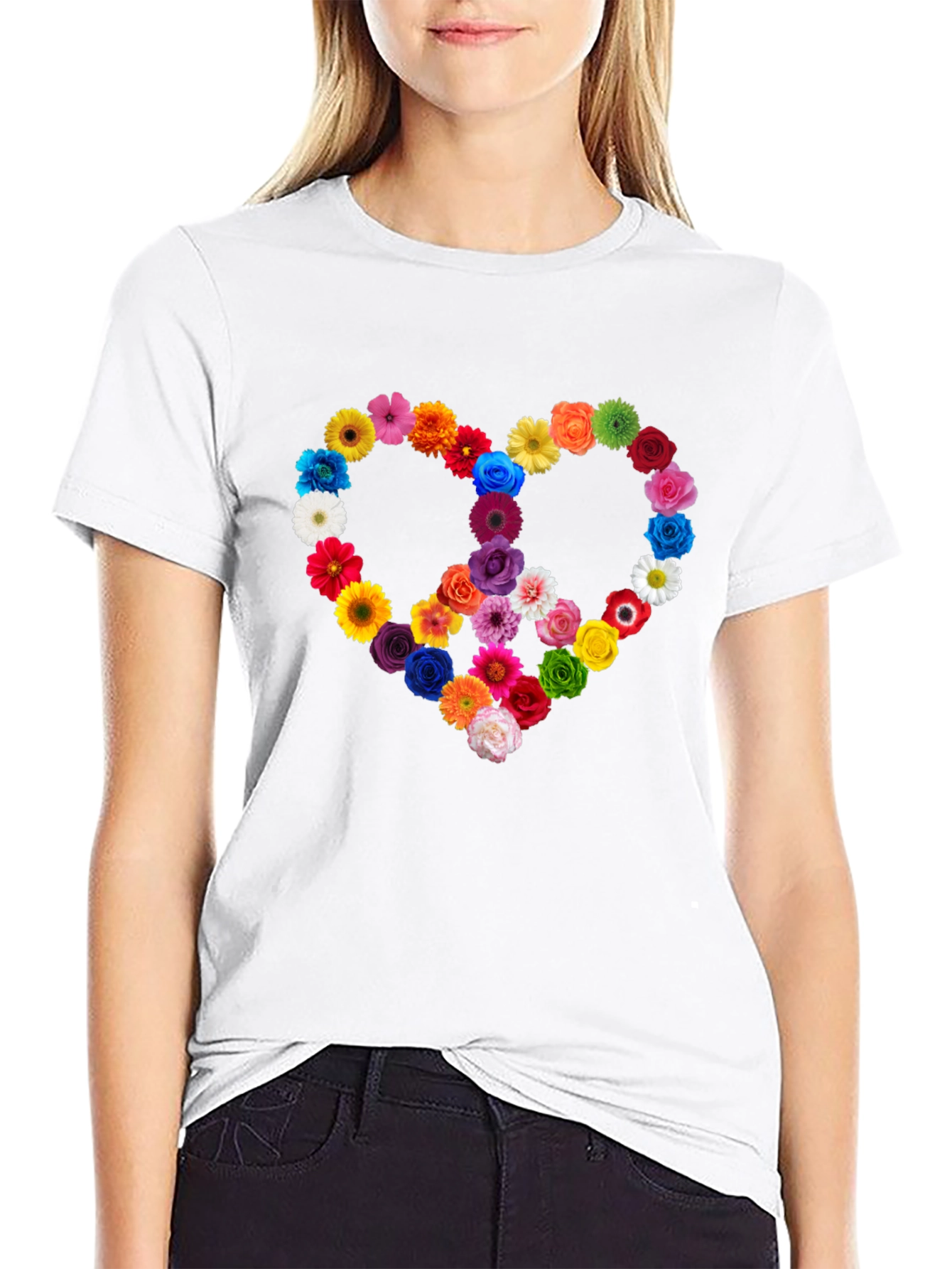 Black Floral Peace Sign Heart Graphic T-Shirt view 9