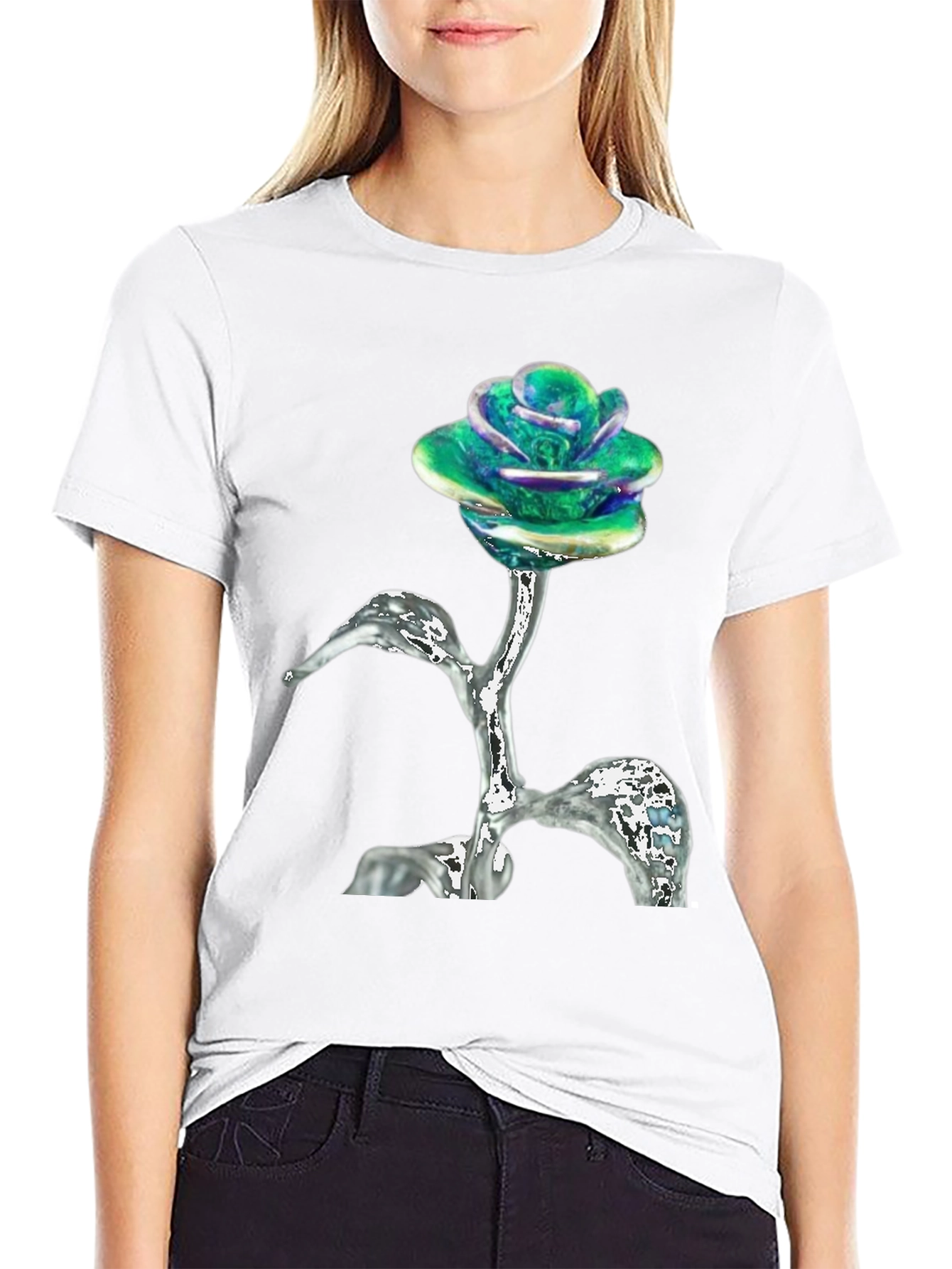 Black Iridescent Rose T-Shirt - Unique Floral Design view 9