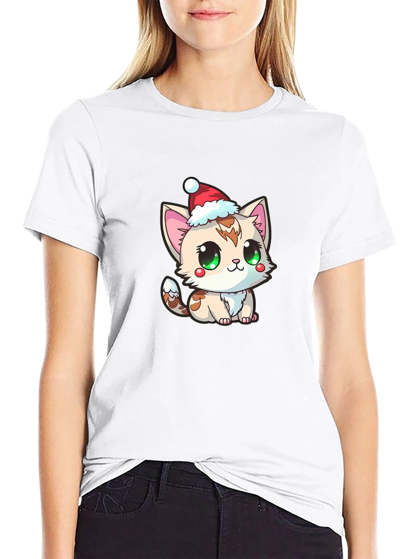 Black Cute Kitten in Santa Hat Graphic Tee view 9