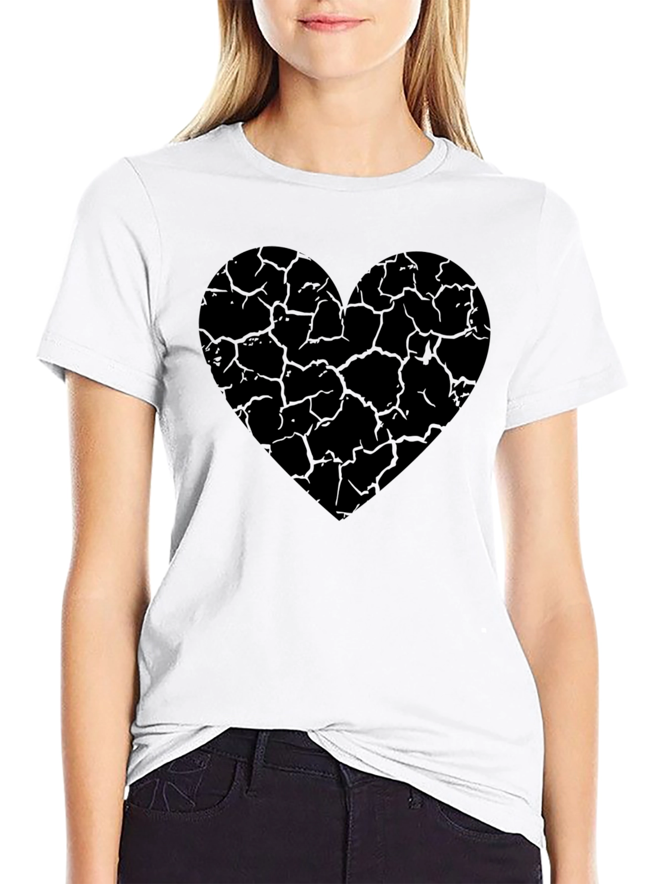 Black Cracked Heart Graphic Tee - Stylish Black Cotton T-Shirt view 9