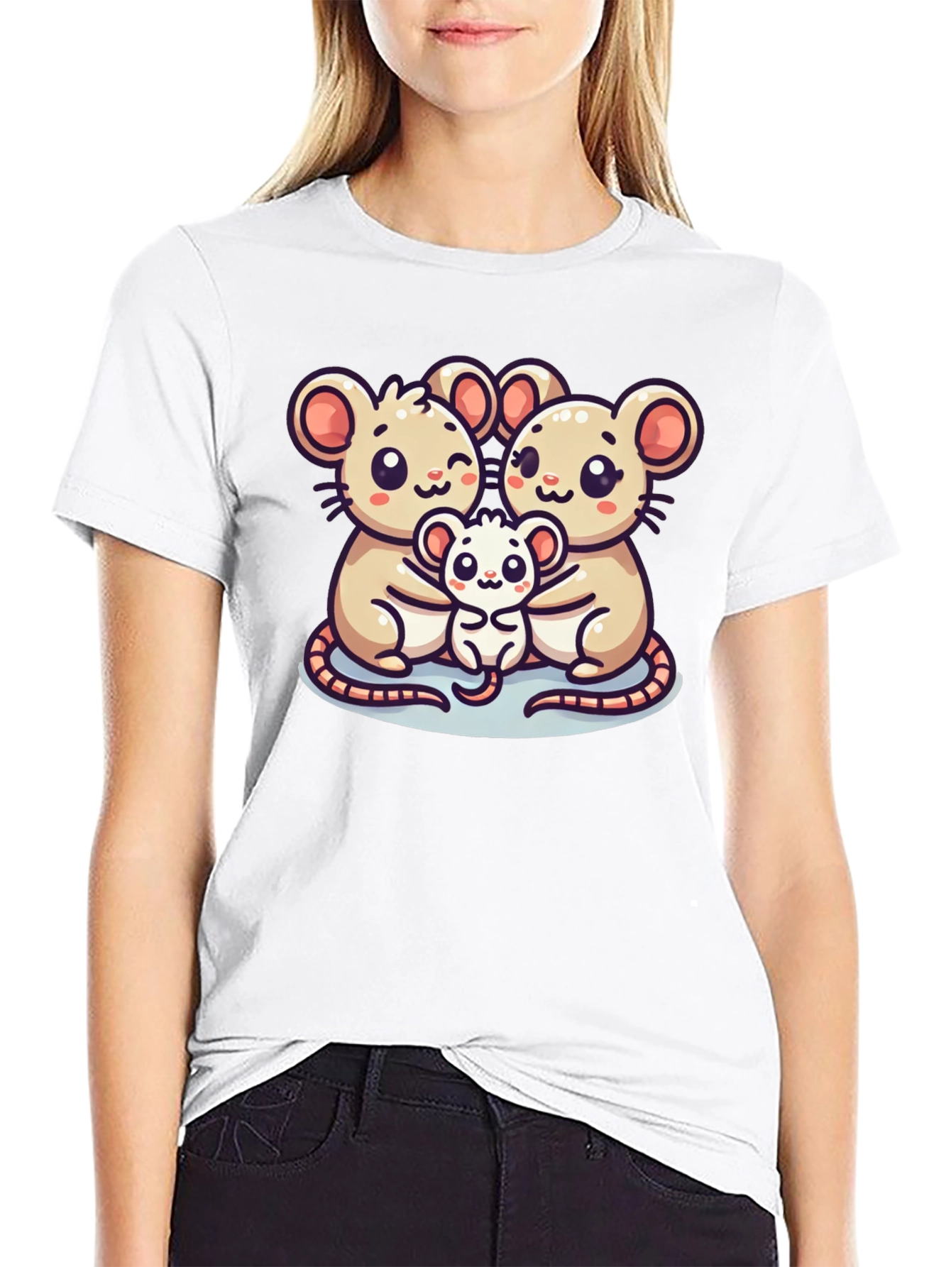 Black Cute Mouse Family Graphic Black T-Shirt view 9