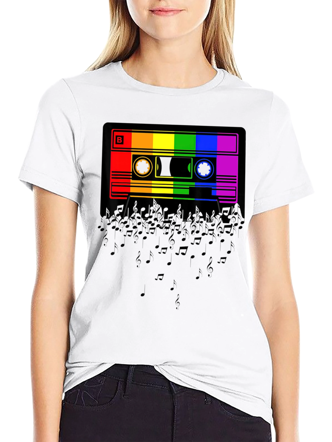 Black Rainbow Cassette Tape Music Notes Graphic T-Shirt view 9