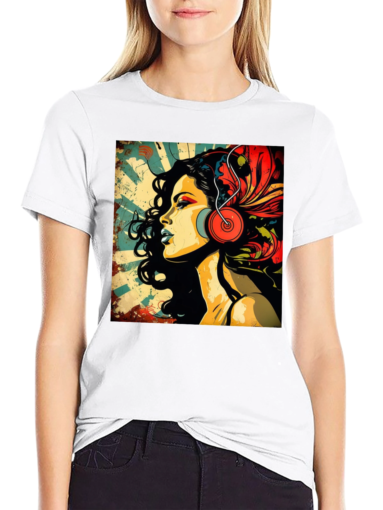 Black Retro Woman with Headphones Graphic Tee view 9