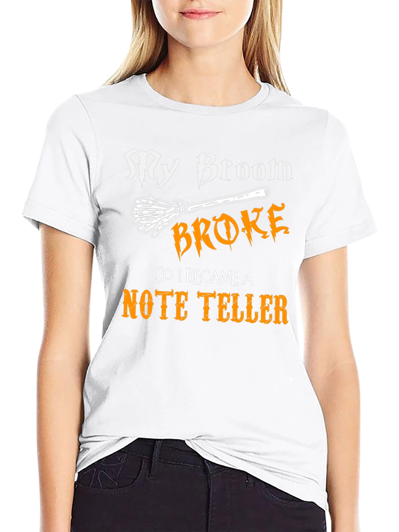Black My Broom Broke, Now Note Teller Black Cotton Tee view 9