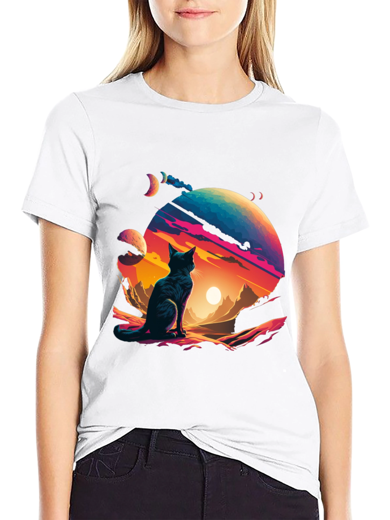 Black Cosmic Cat T-Shirt - Stylish Galaxy Design view 9