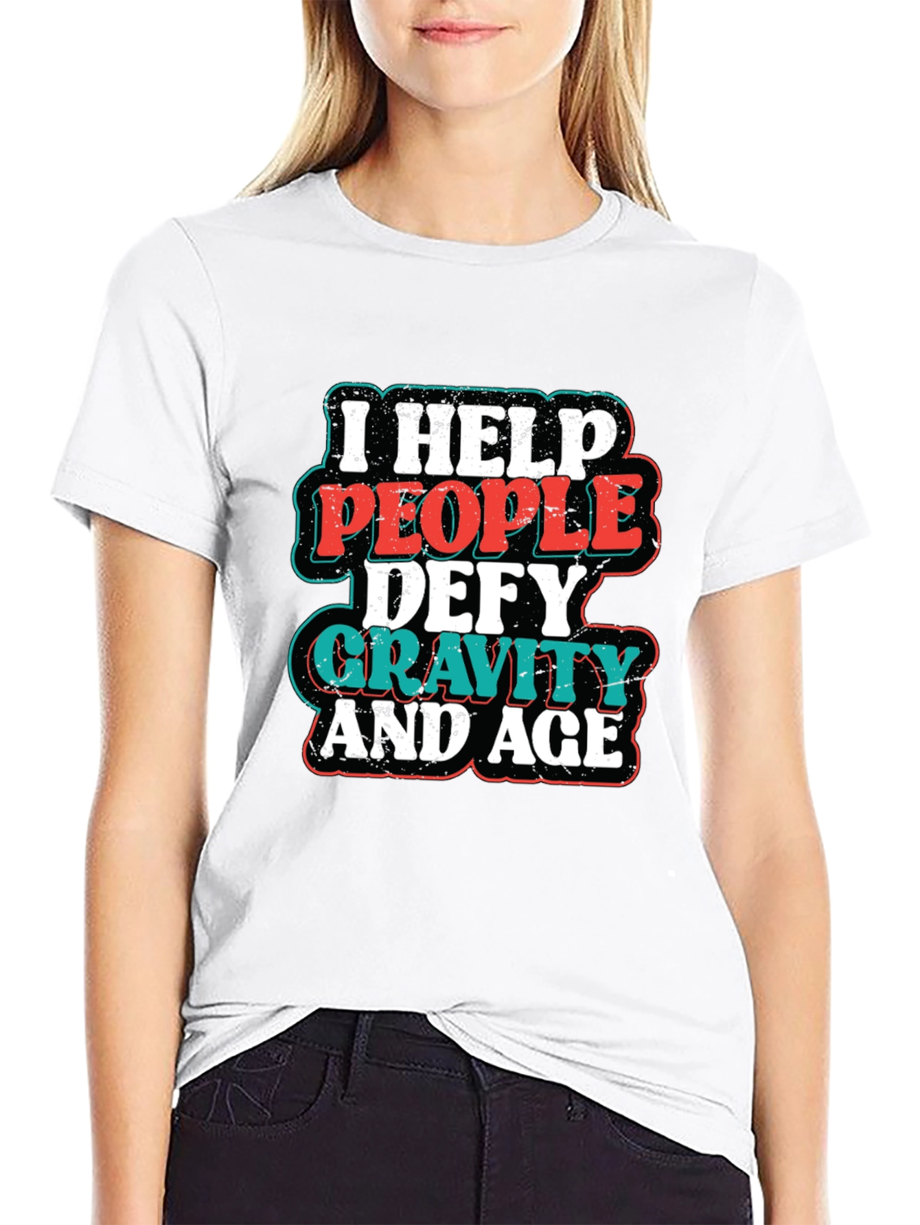 Black I Help People Defy Gravity and Age T-Shirt view 9