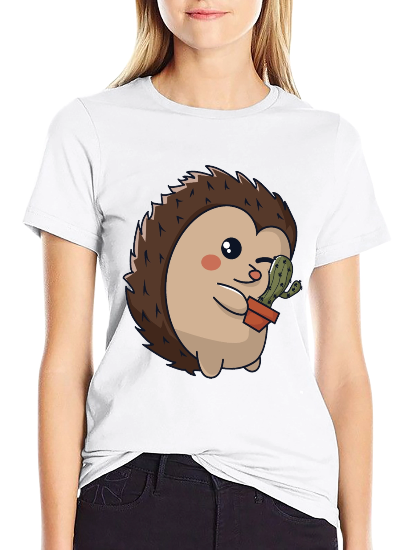 Black Cute Hedgehog with Cactus Graphic Tee view 9