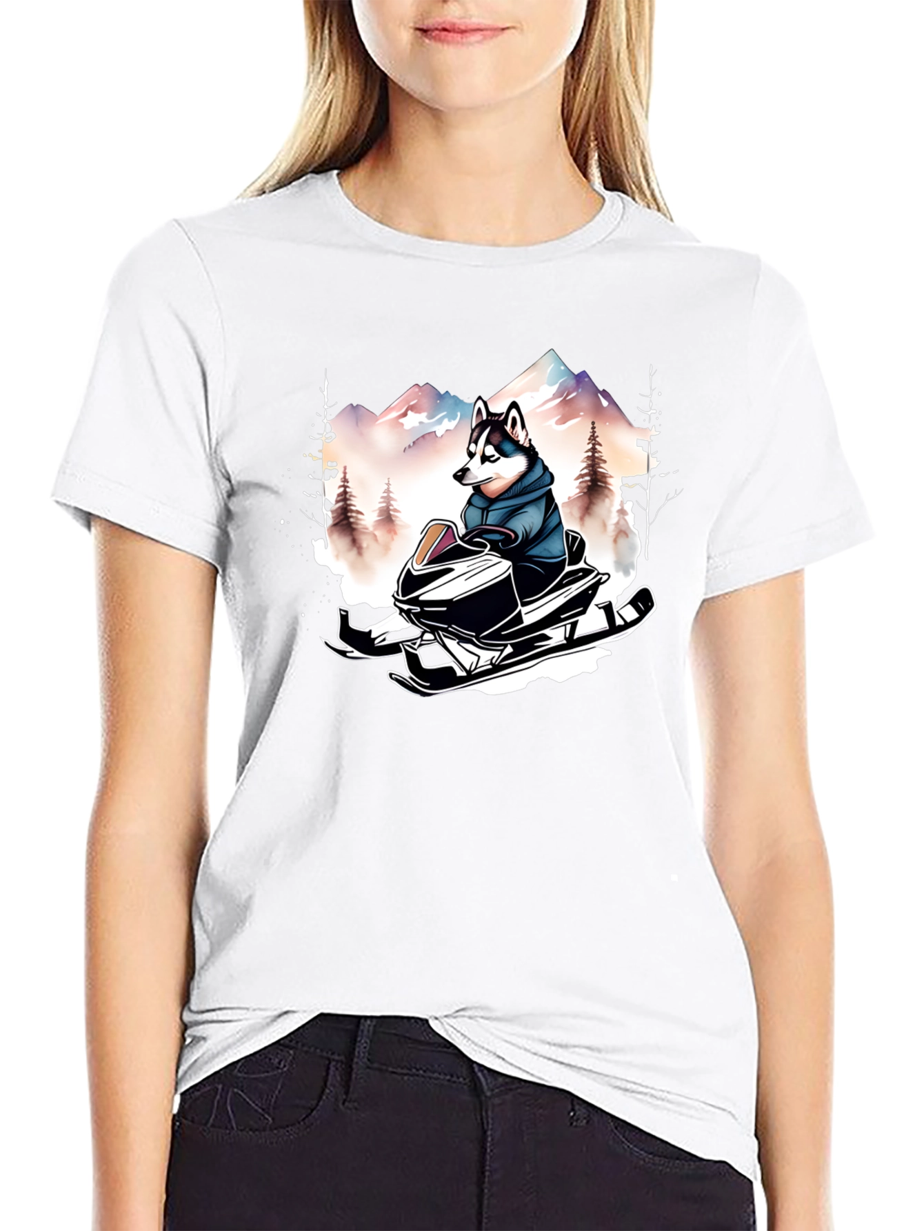 Black Husky on Snowmobile Graphic Tee view 9