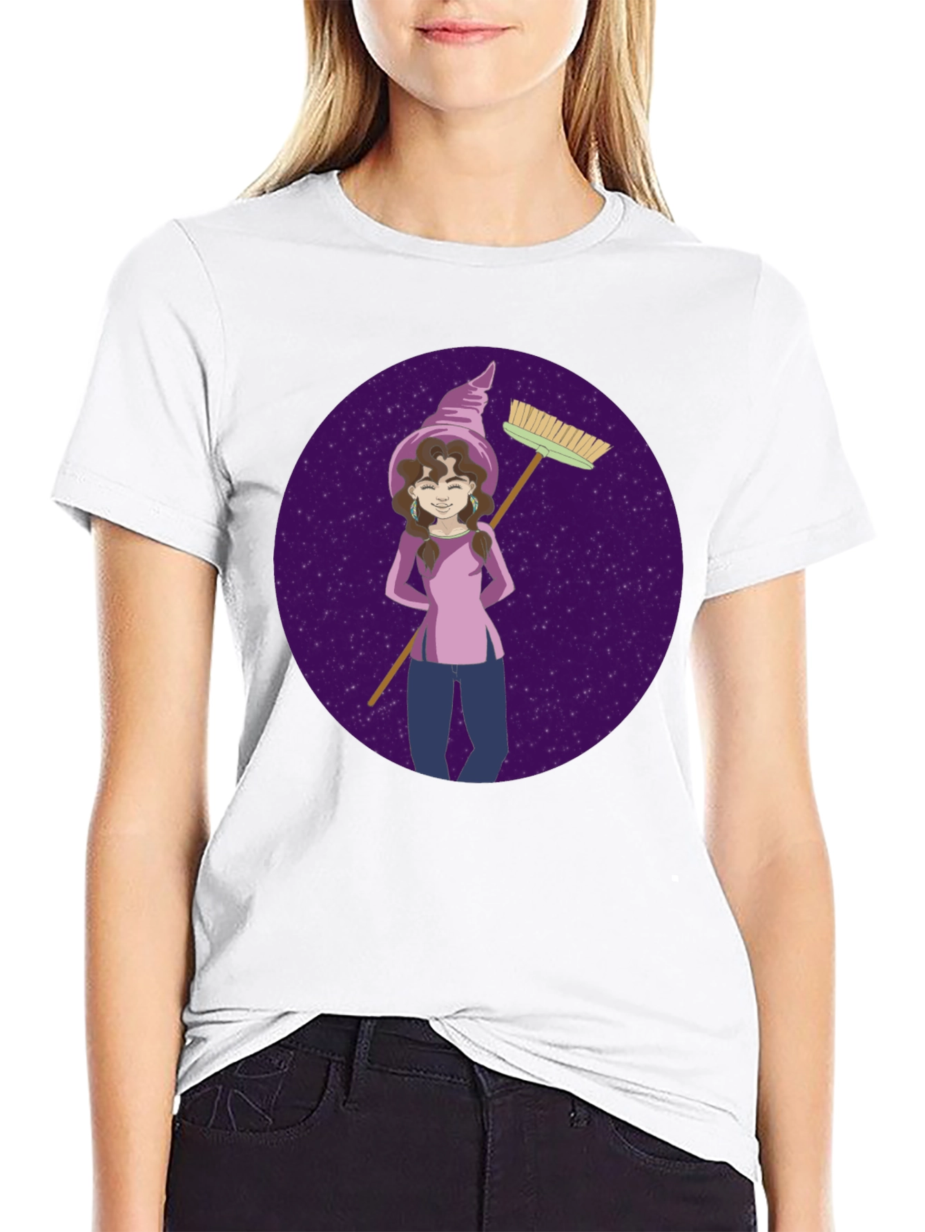 Black Whimsical Witch Graphic Tee - Broom & Stars Design view 9