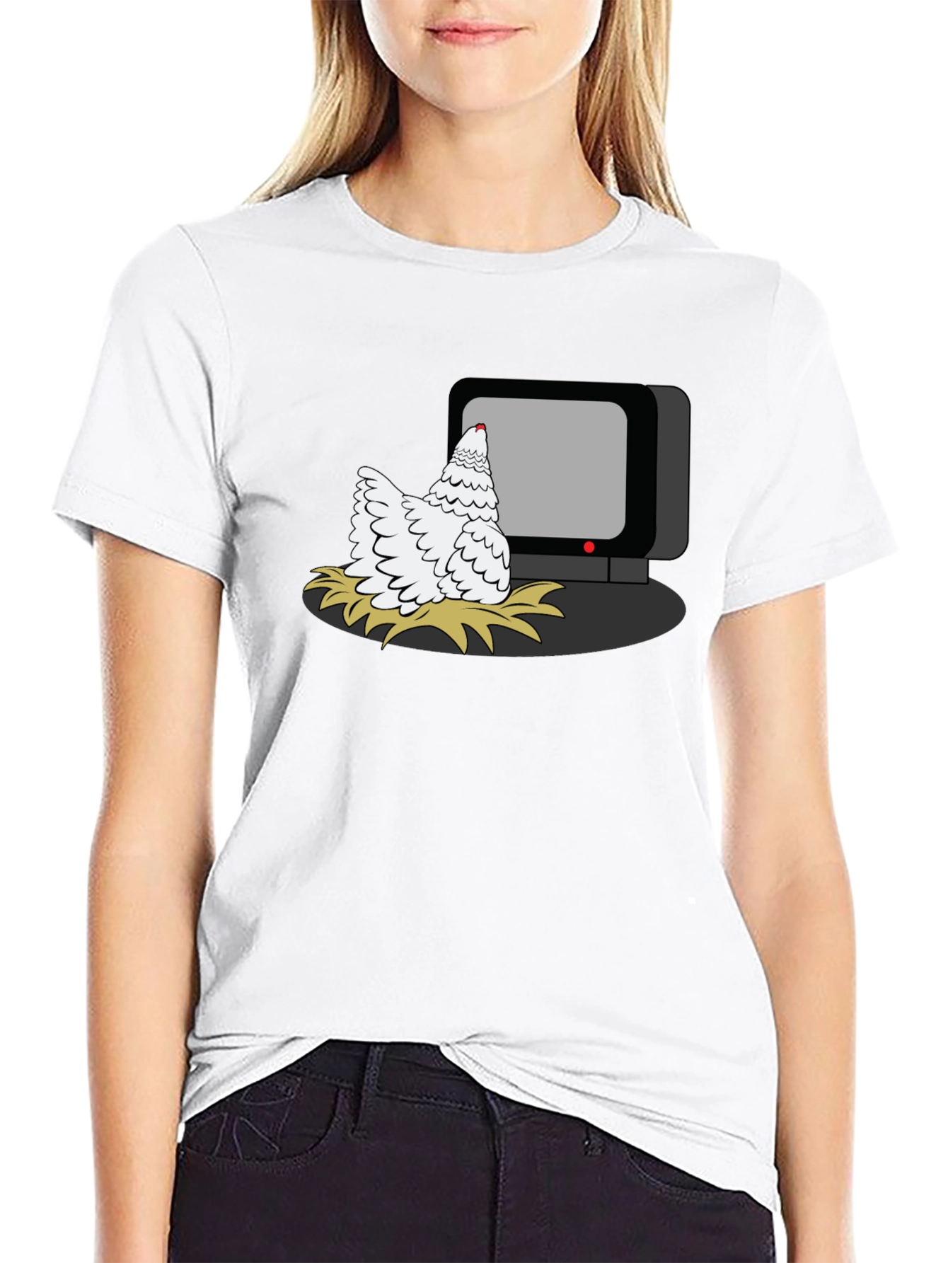 Black Chicken Watching TV Graphic T-Shirt view 9
