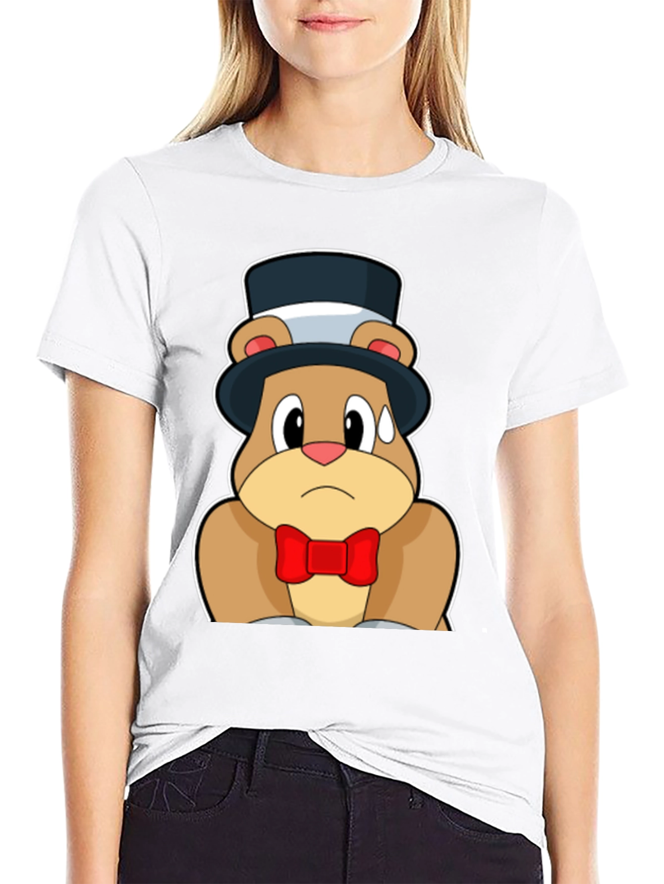 Black Cartoon Bear Top Hat Bowtie Black T-Shirt view 9