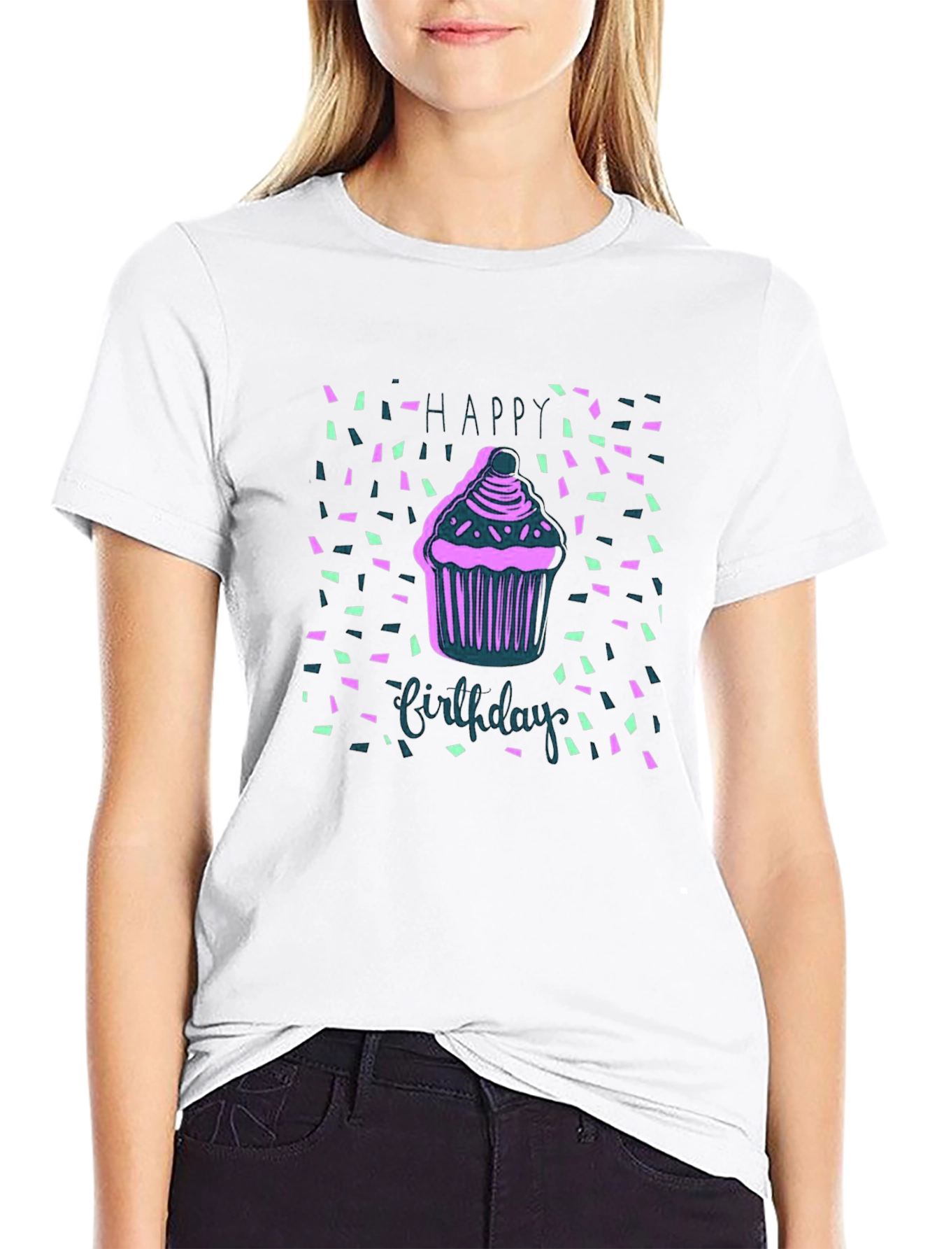 Black Happy Birthday Cupcake T-Shirt view 9