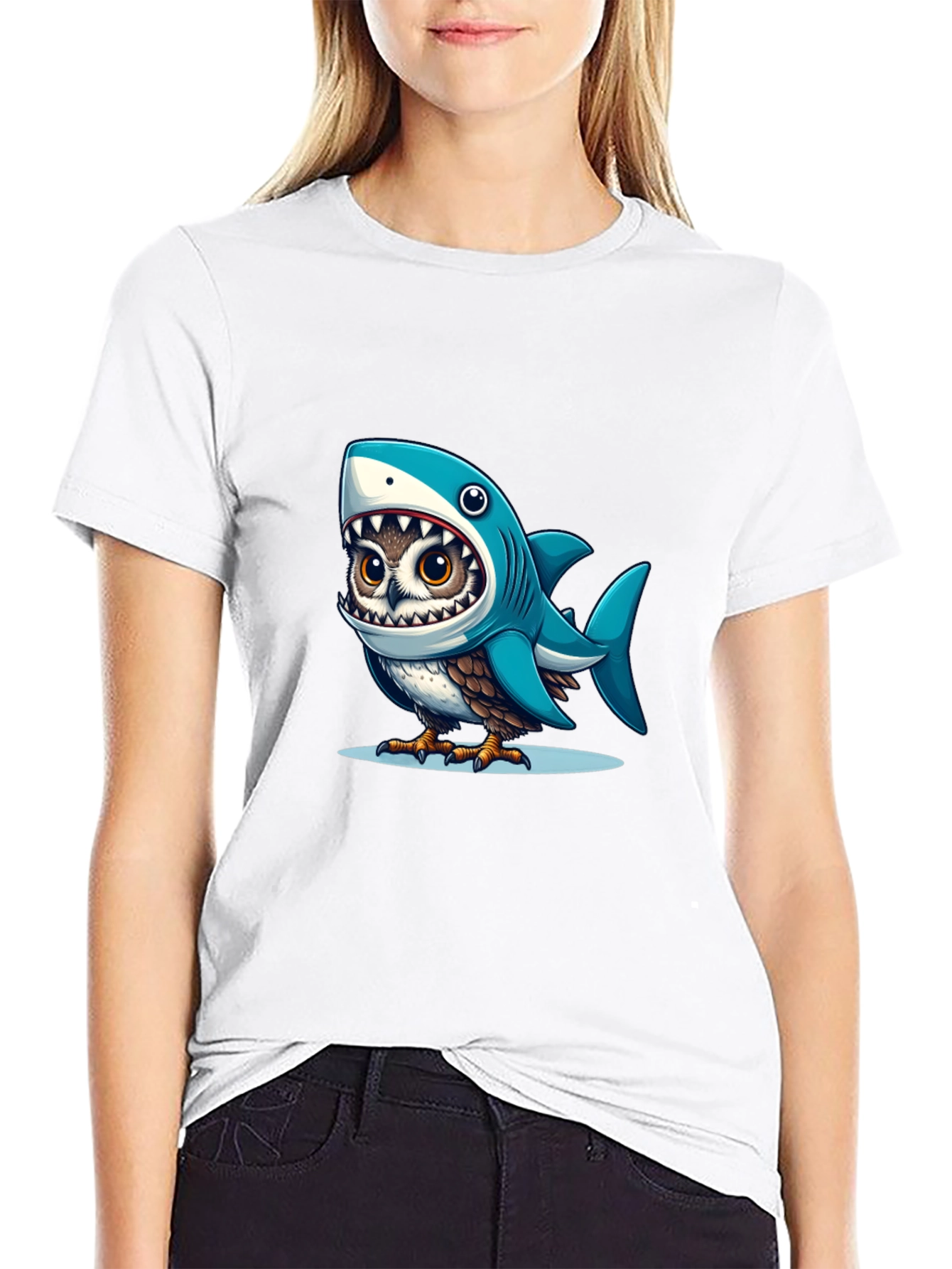 Black Shark Owl Graphic Tee - Unique Cartoon Design view 9