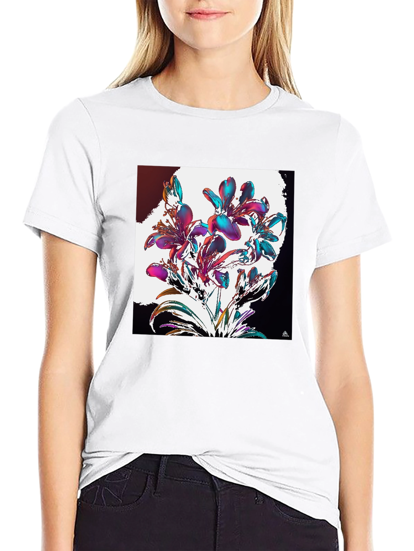 Black Floral Abstract Graphic Black T-Shirt view 9