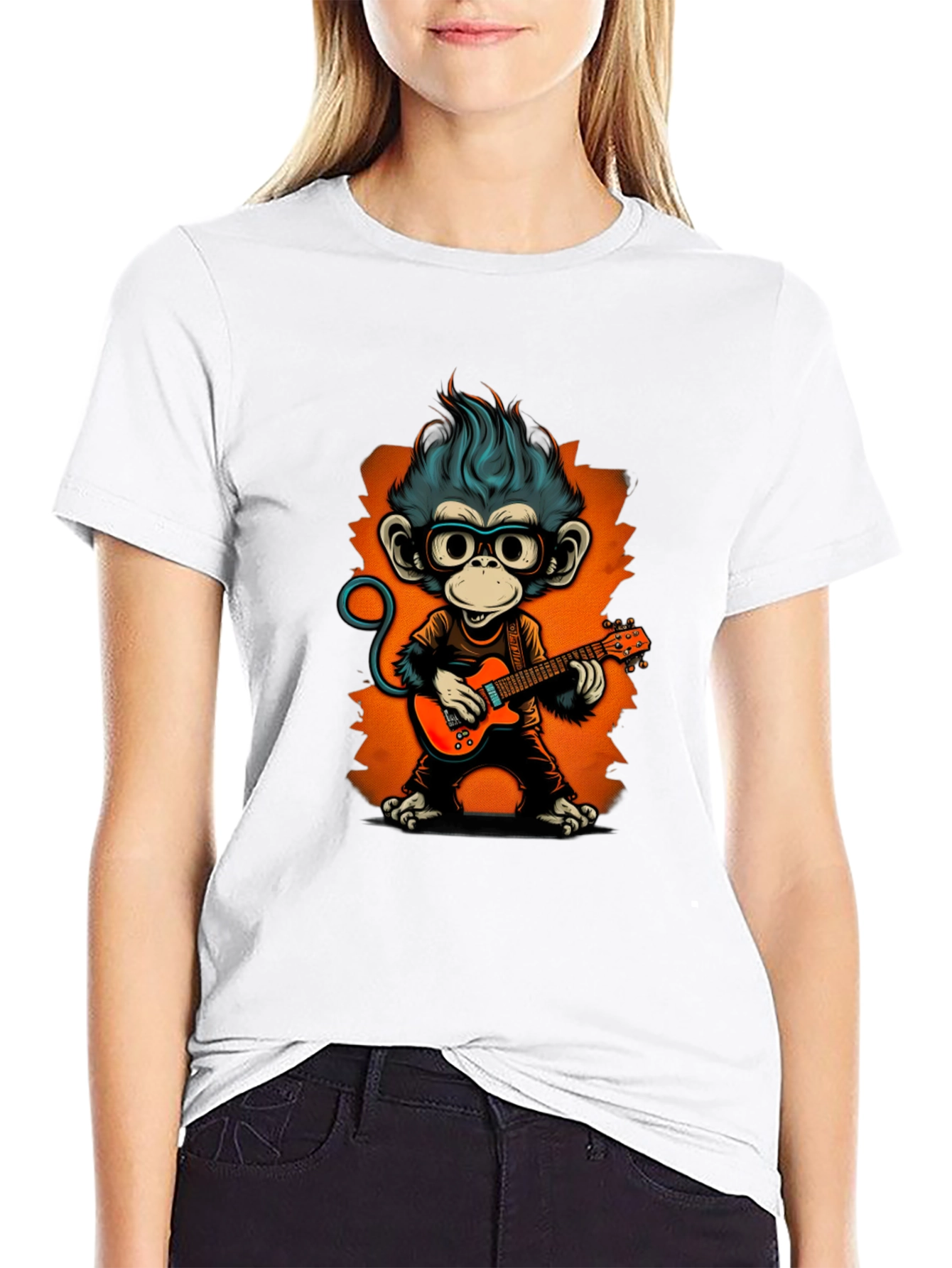 Black Cool Monkey Guitarist Graphic Tee view 9