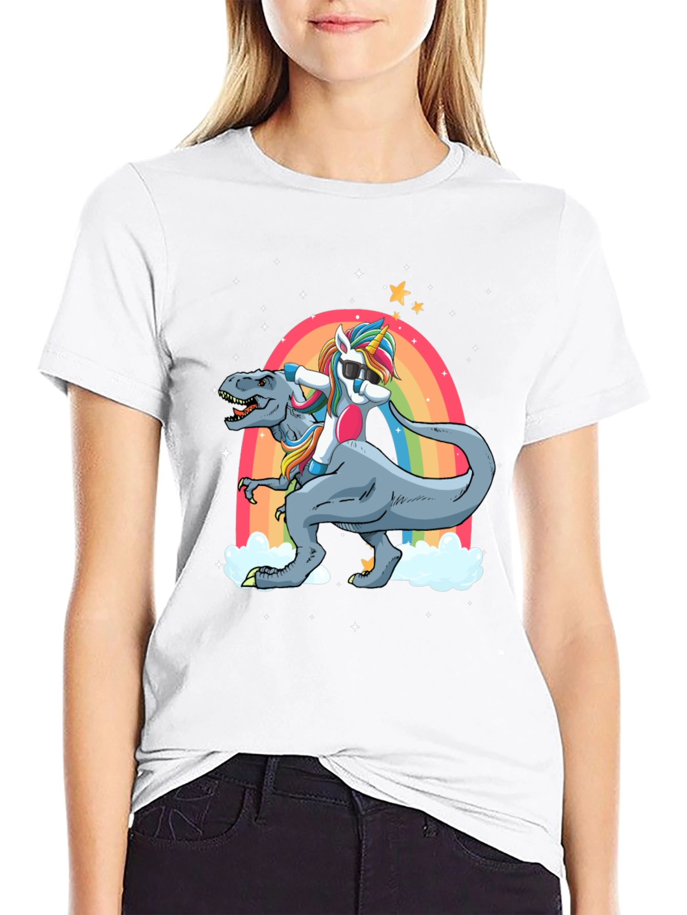 Black Unicorn Riding T-Rex T-Shirt view 9