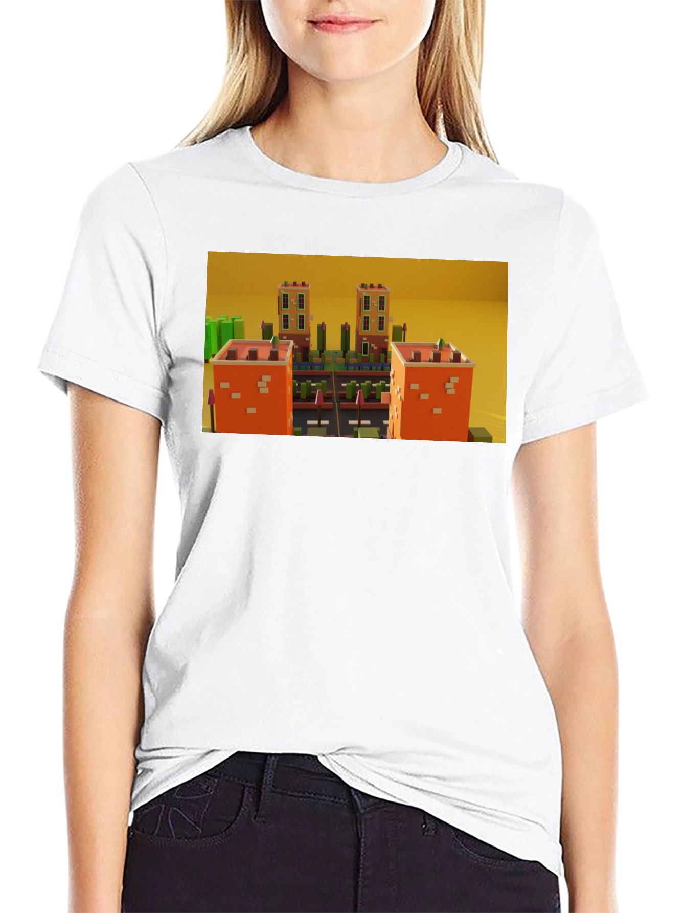 Black Black T-Shirt with 3D Cityscape Design view 9