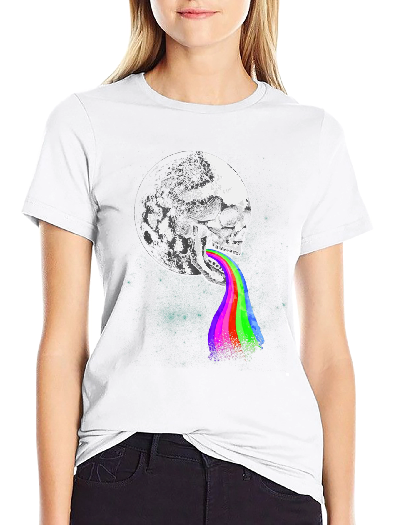 Black Skull Moon Rainbow Tongue Graphic Tee view 9