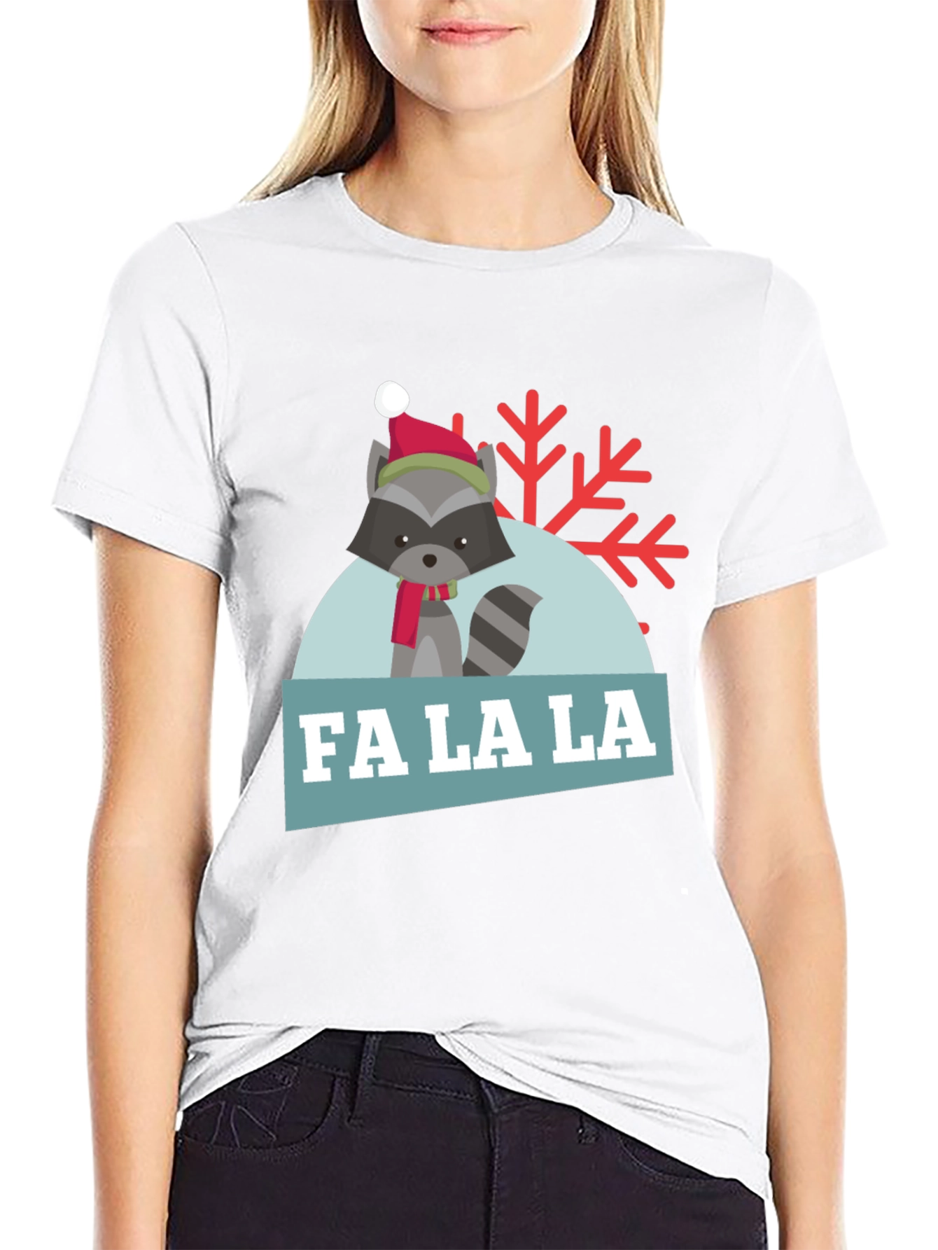 Black Festive Raccoon 'Fa La La' Holiday T-Shirt view 9