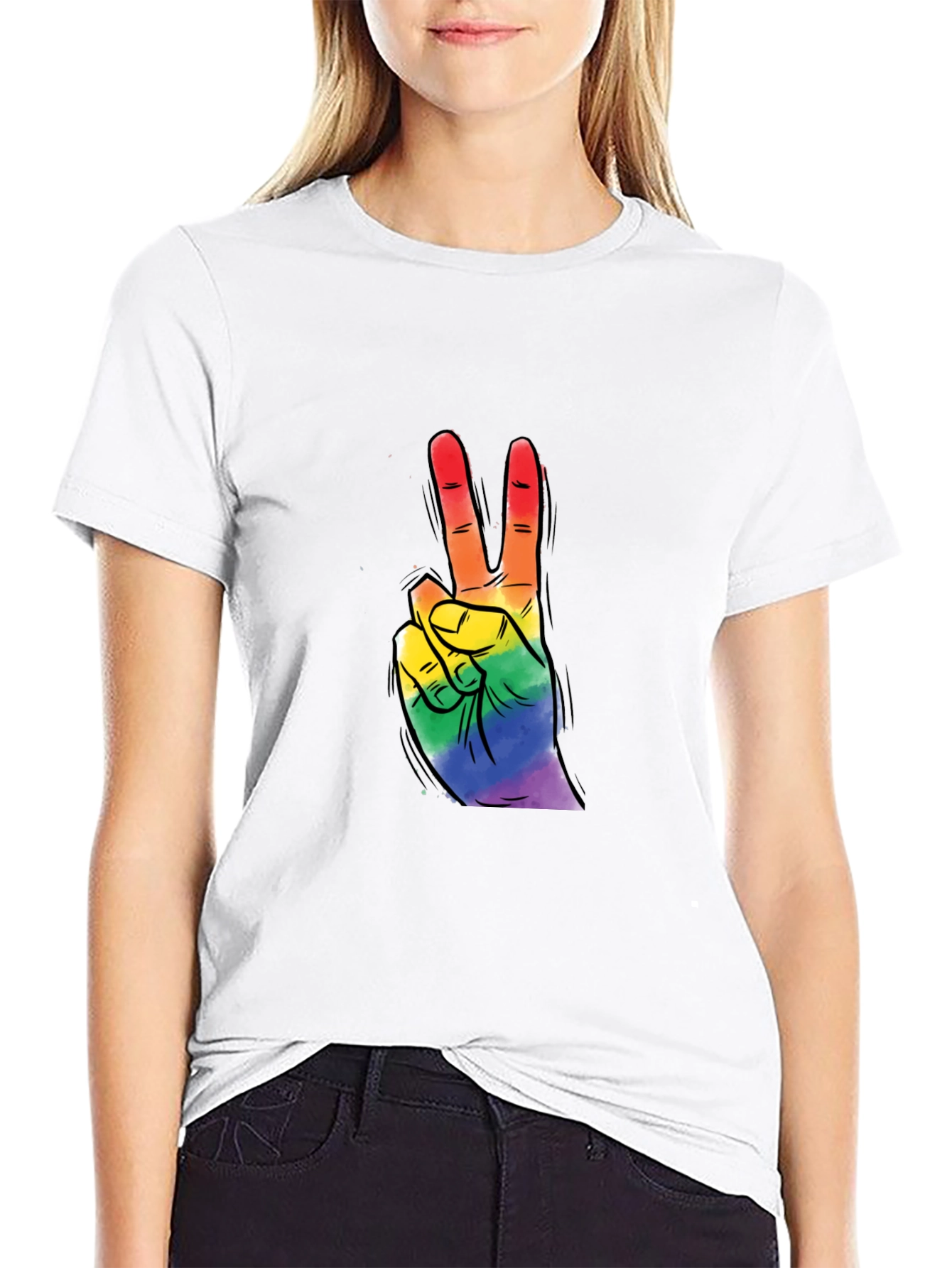 Black Rainbow Peace Sign Graphic Tee - Black Cotton T-Shirt view 9