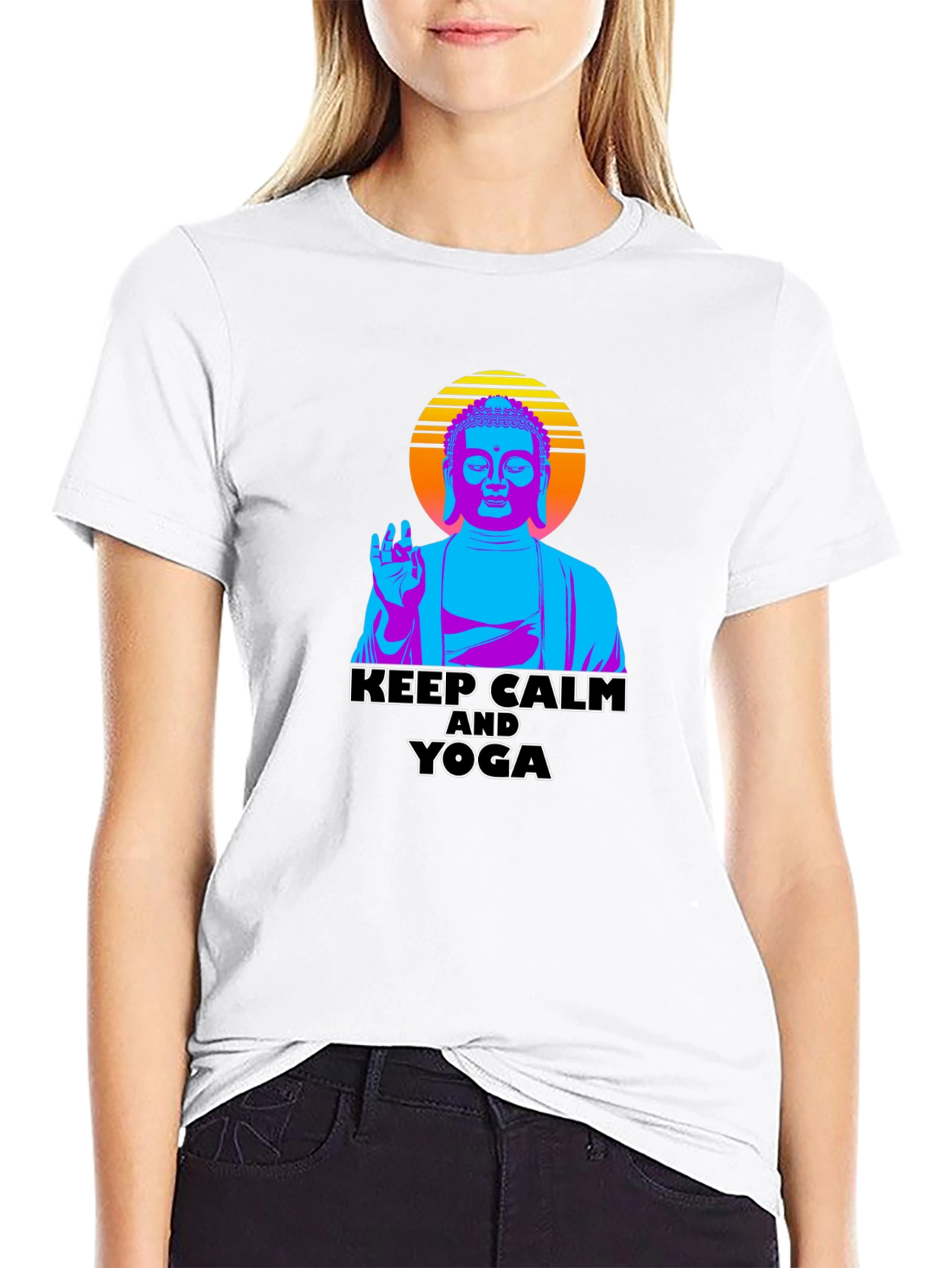 Black Keep Calm Yoga Buddha Graphic Tee view 9