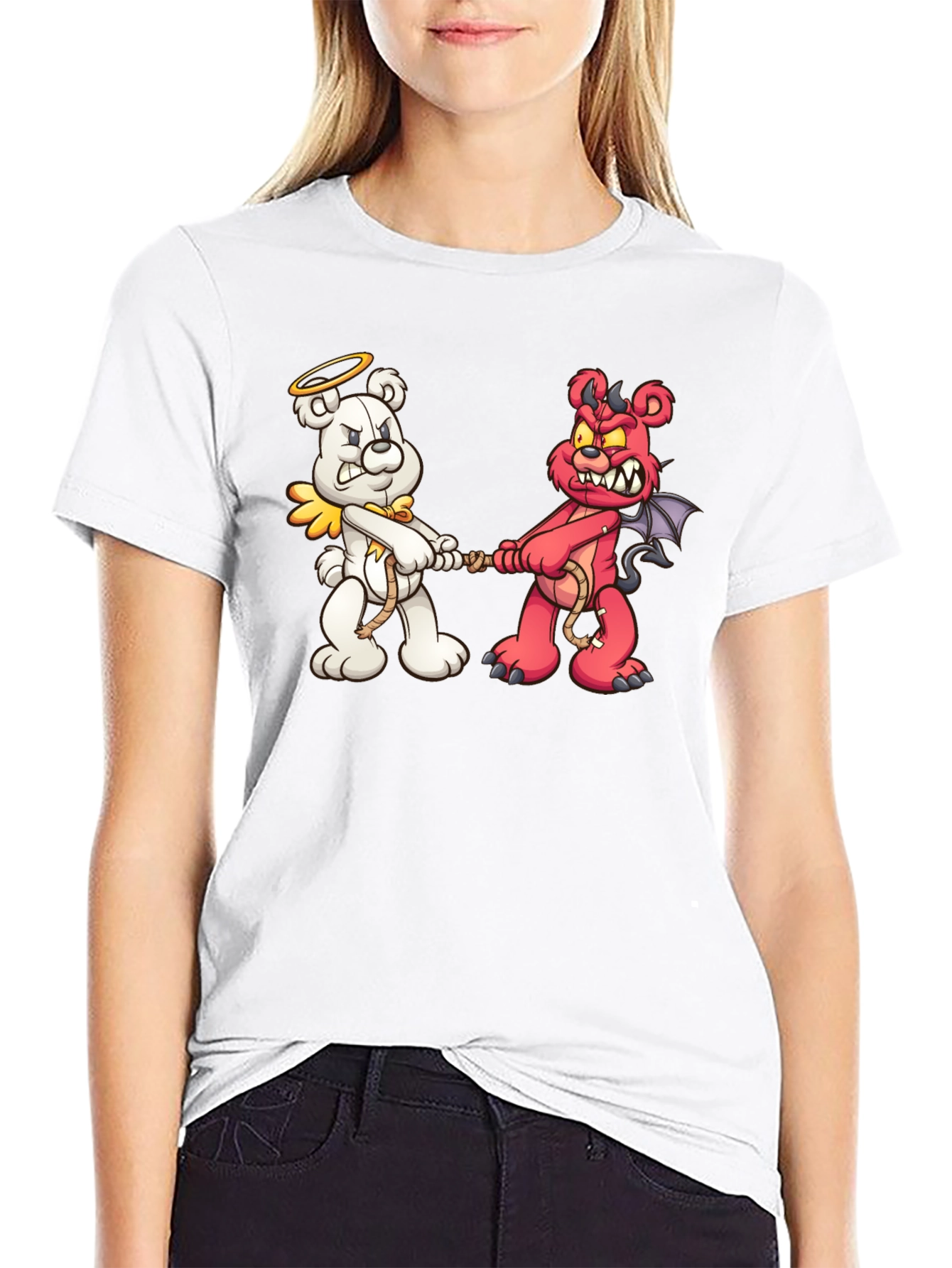 Black Angel vs. Devil Bear Tug-of-War Graphic T-Shirt view 9